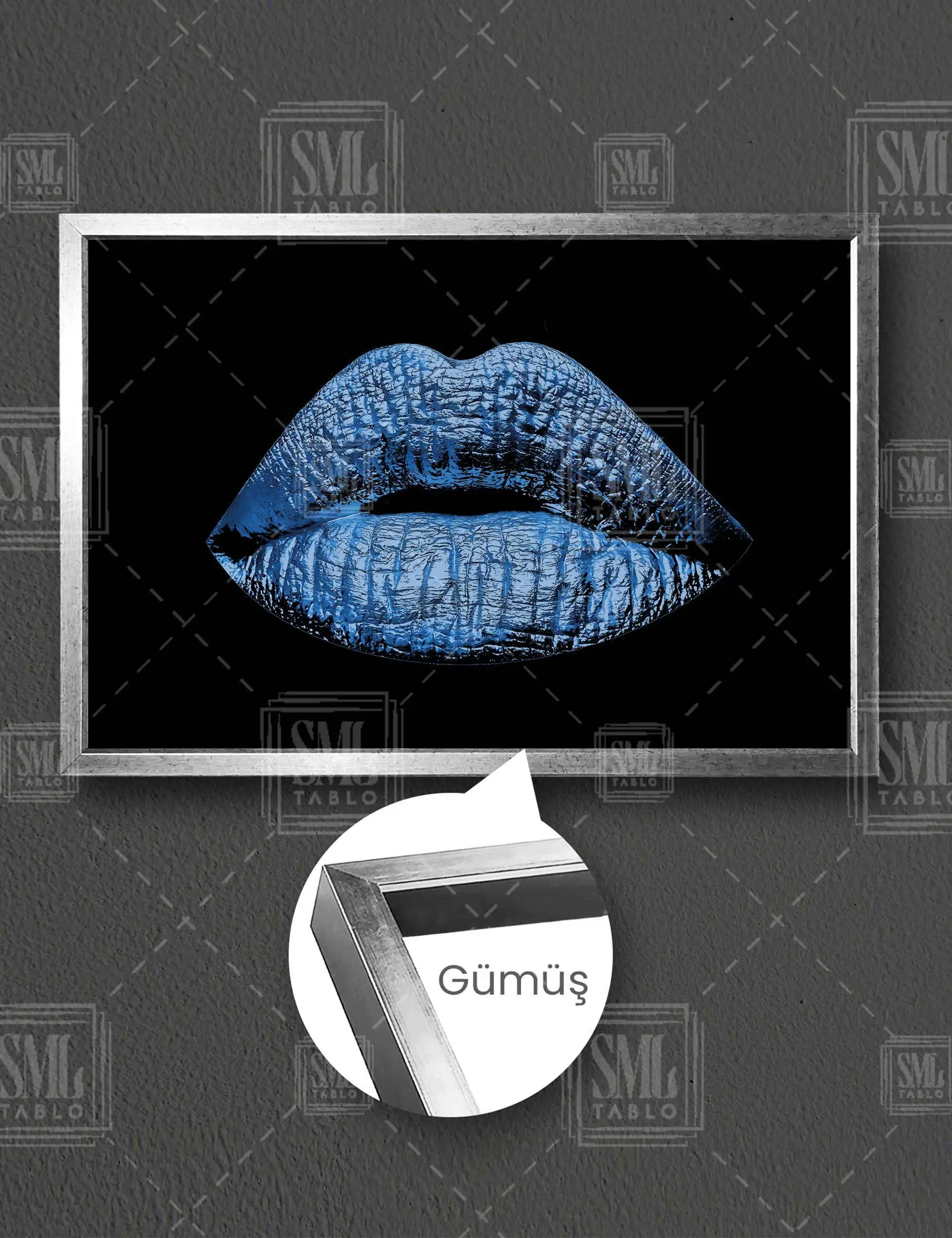 Metalik Mavi Ruj Makyaj Dudak Lips Çerçeveli Yatay Kanvas Tablo - Gümüş