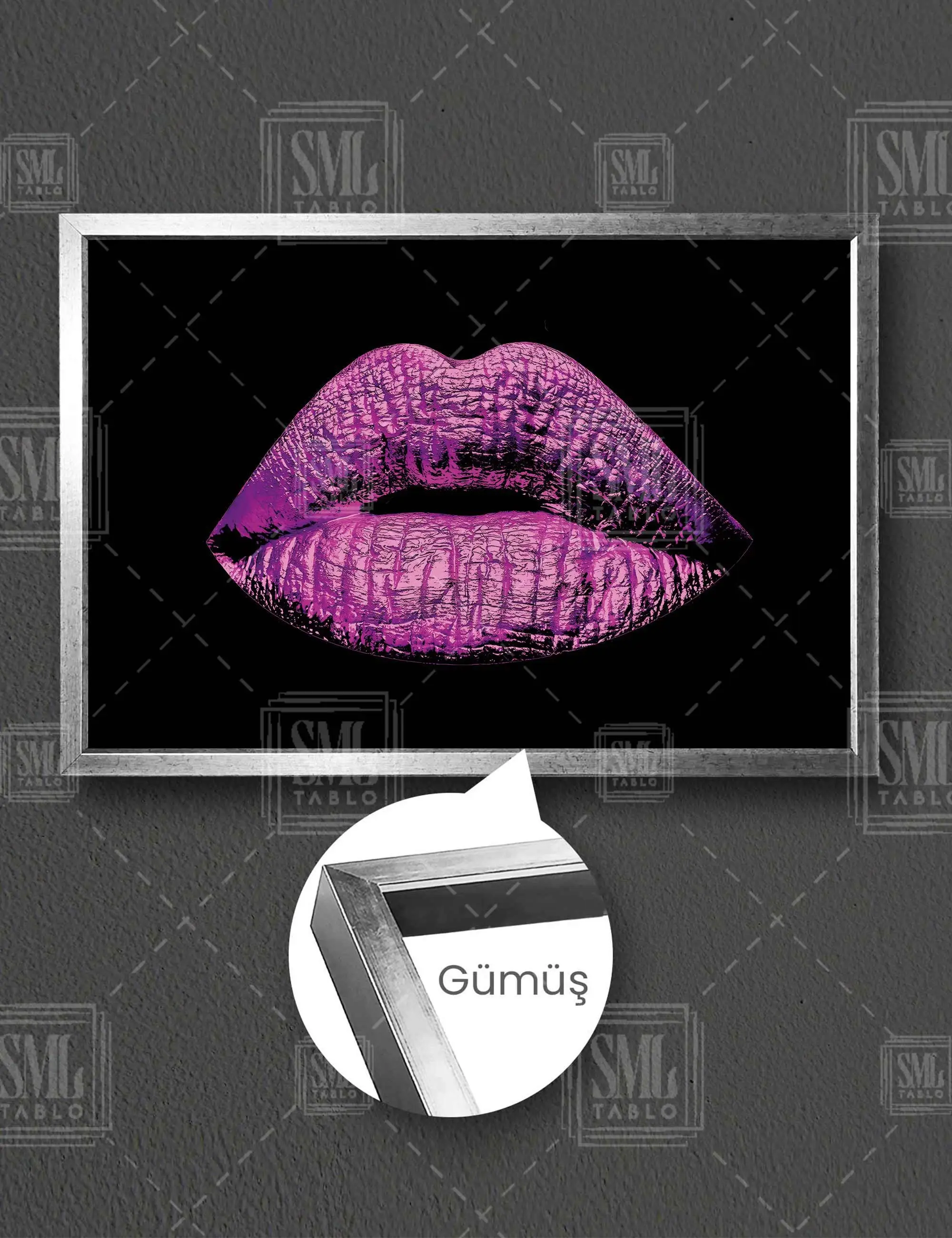Metalik Pembe Ruj Makyaj Dudak Lips Çerçeveli Yatay Kanvas Tablo - Gümüş