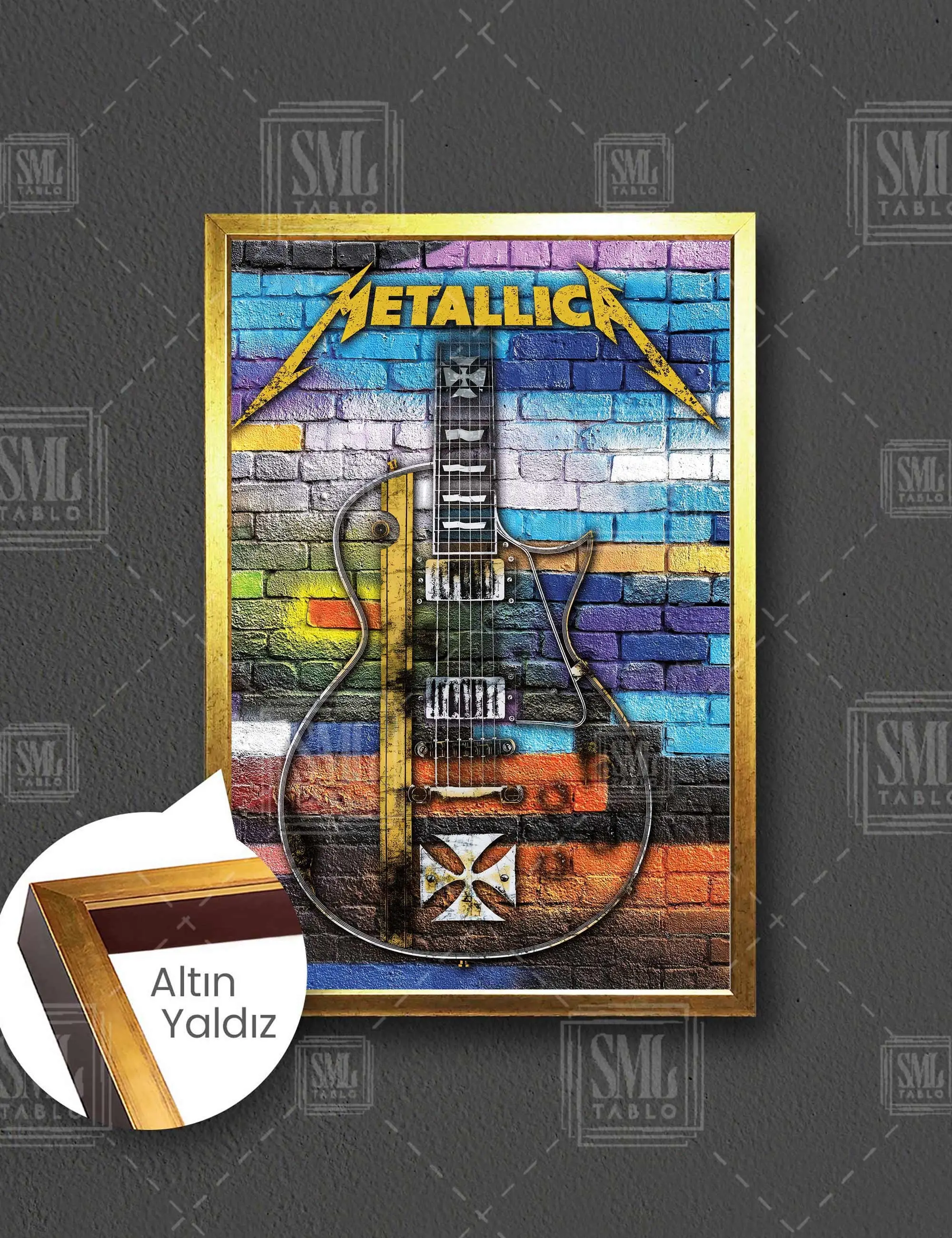 Metallica Metal Rock Grubu Tuğla Duvar Önünce Gitar Müzik Çerçeveli Dikey Kanvas Tablo