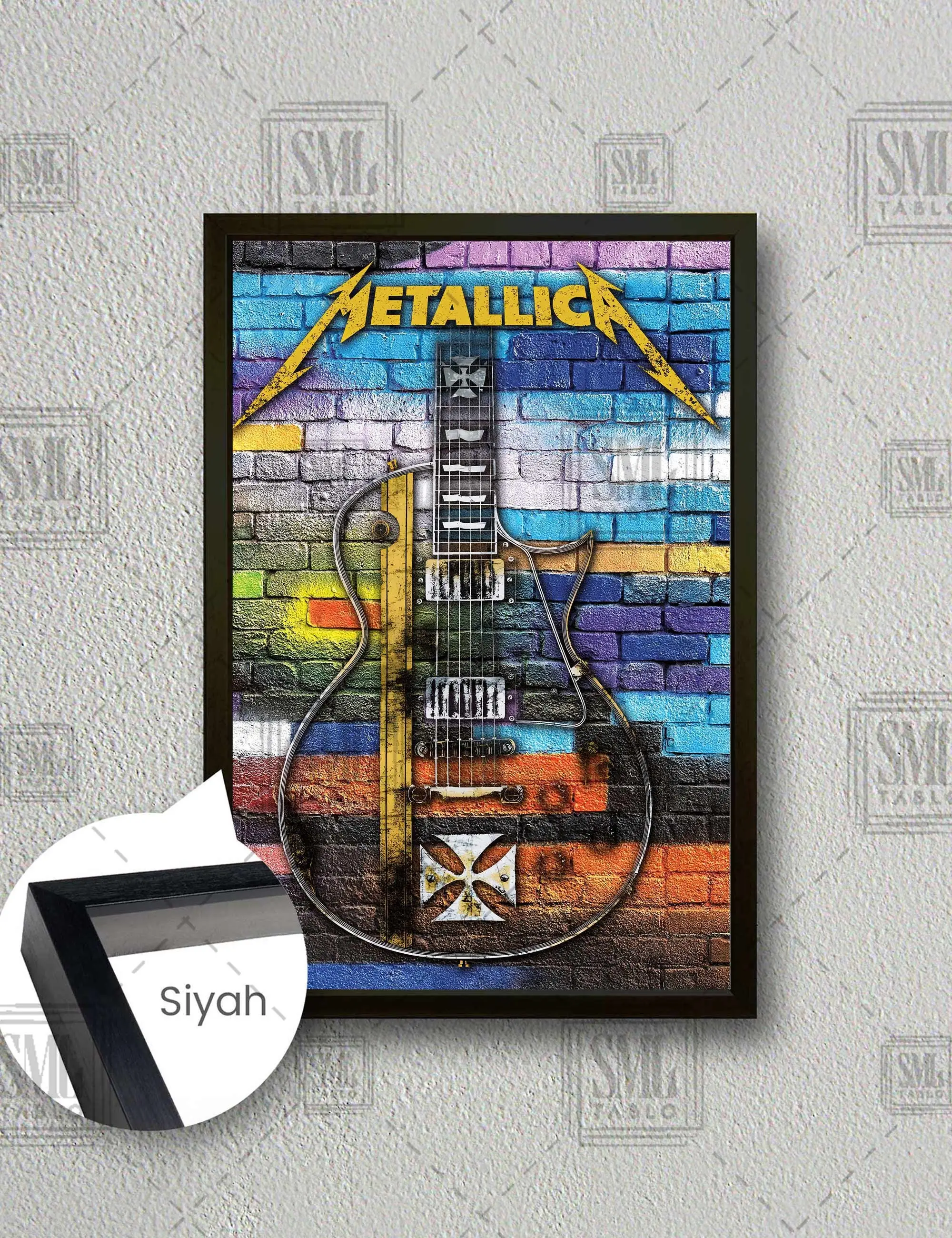Metallica Metal Rock Grubu Tuğla Duvar Önünce Gitar Müzik Çerçeveli Dikey Kanvas Tablo - Siyah