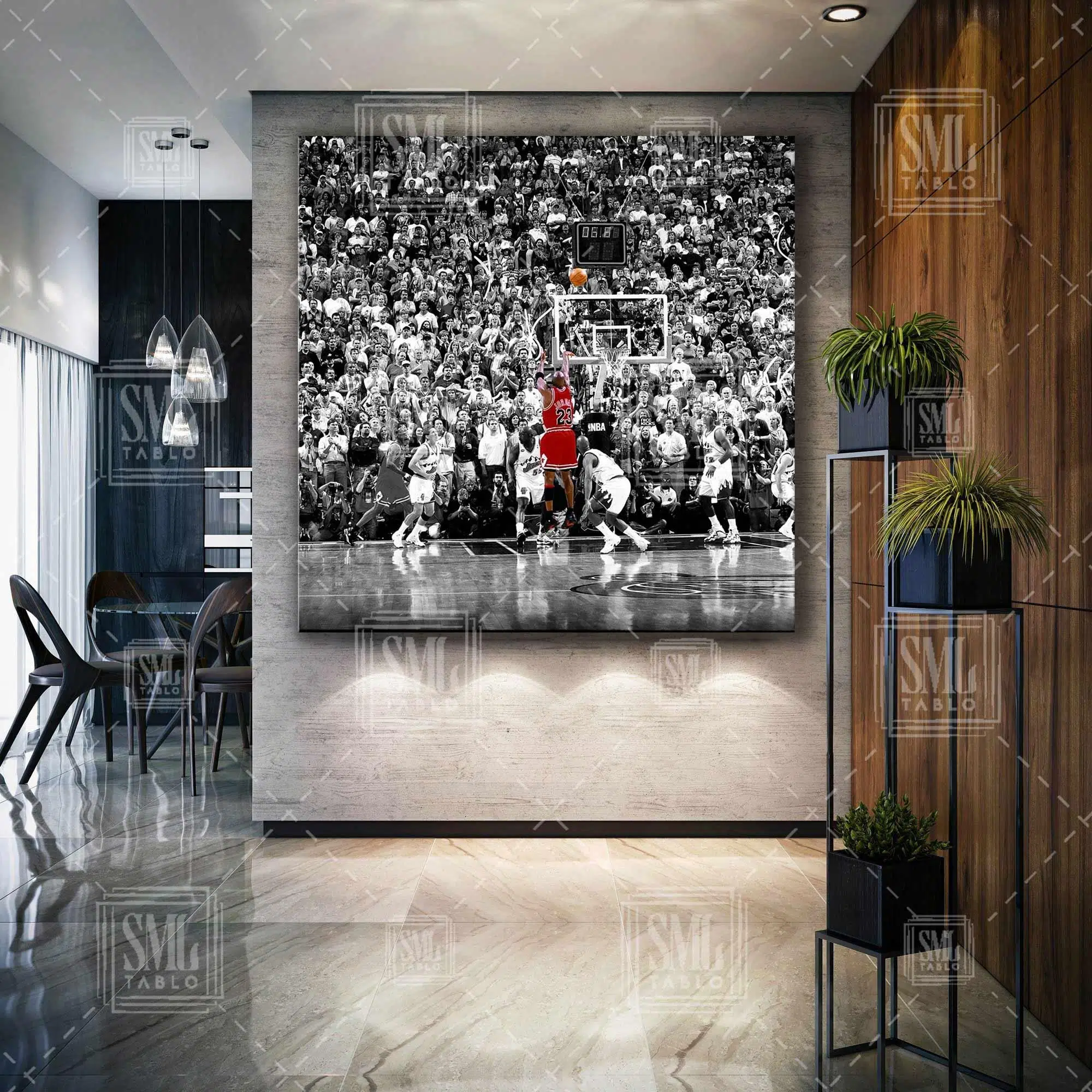 Michael Jordan Üçlük Son Atış Chicago Bulls Basketbol Nba Kırmızı Forma Gri Kare Kanvas Tablo