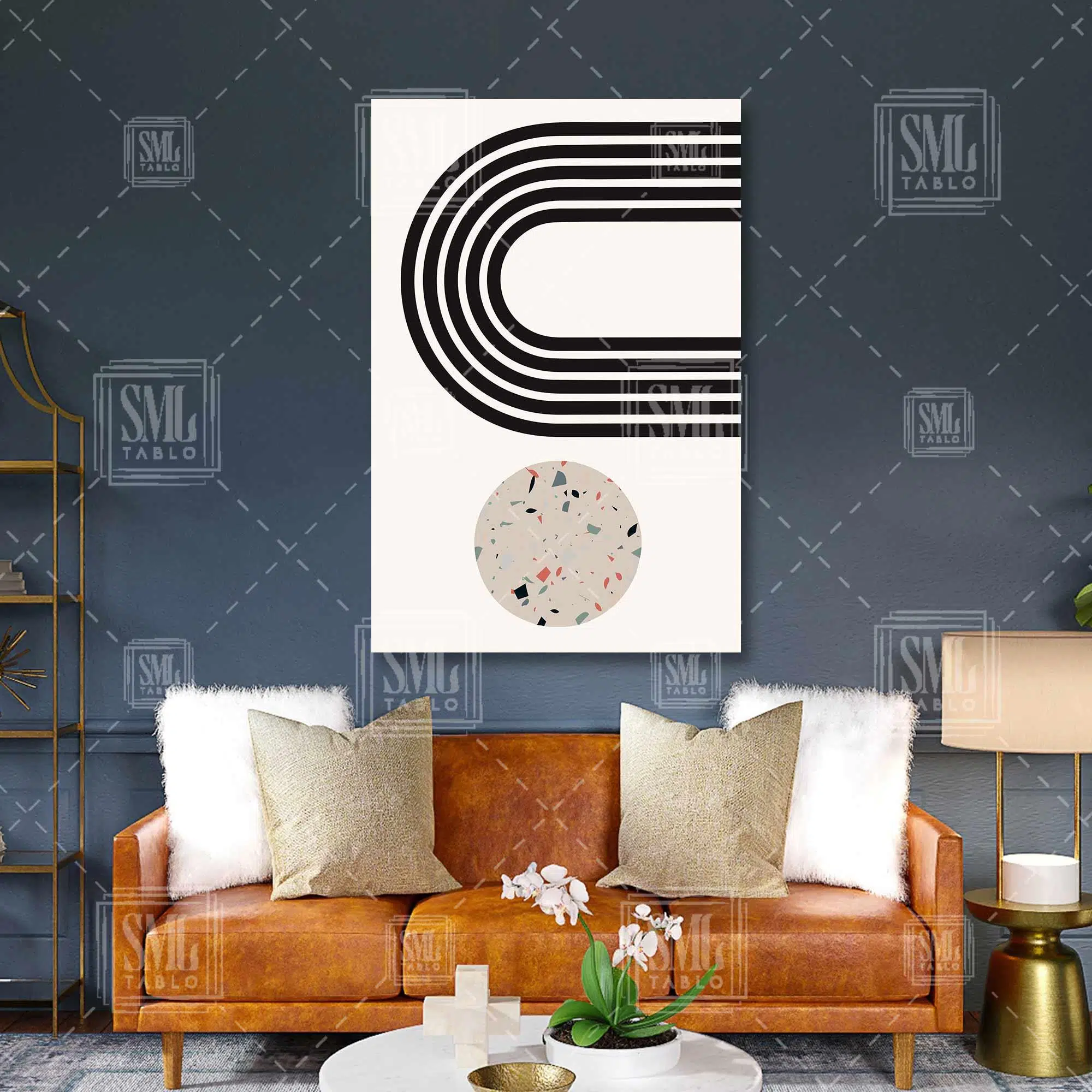 Mid Century Terazzo Bej Yuvarlak Ve Siyah Çizgiler Minimal Dikey Kanvas Tablo