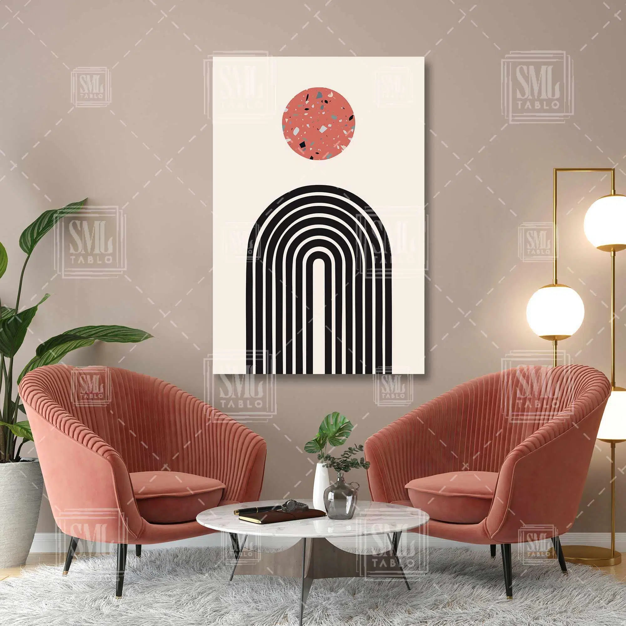 Mid Century Terazzo Kiremit Rengi Yuvarlak Ve Siyah Çizgiler Dikey Minimal Dikey Kanvas Tablo