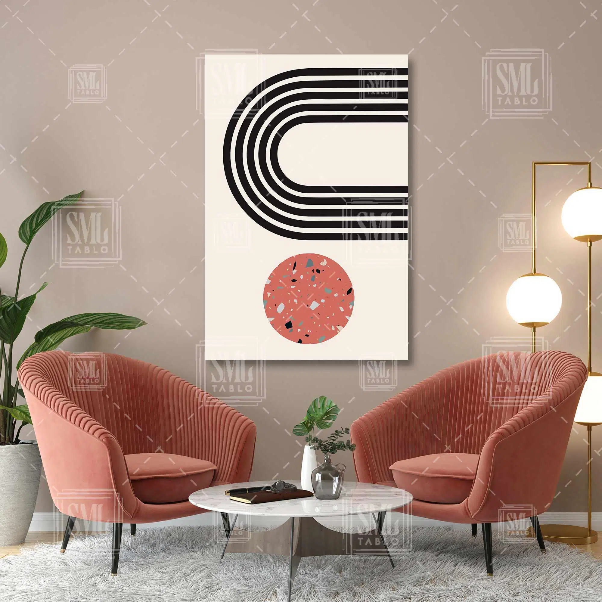 Mid Century Terazzo Kiremit Rengi Yuvarlak Ve Siyah Çizgiler Minimal Dikey Kanvas Tablo