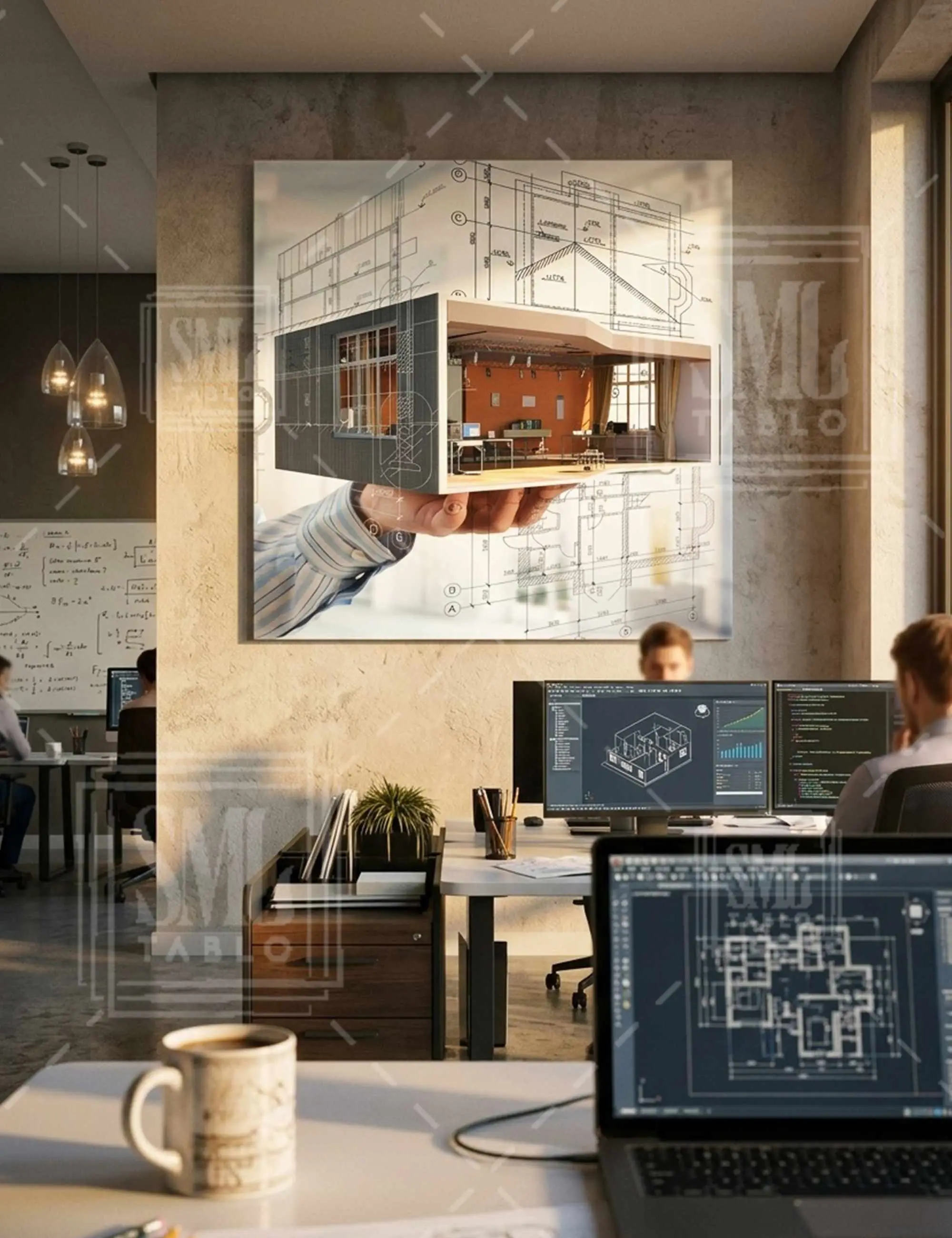 3D Mimari Proje Çizimli İç Mimarlık ve Mühendislik Ofis Kare Kanvas Tablo