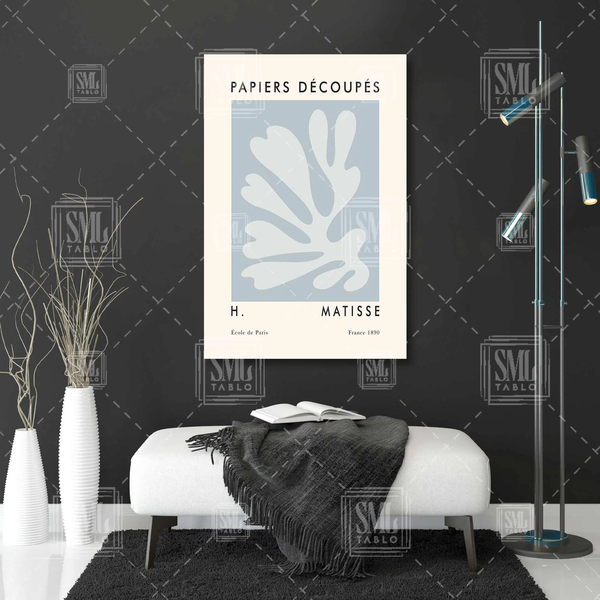 Minimal Boho Mavi Bitki Minimal Dikey Kanvas Tablo