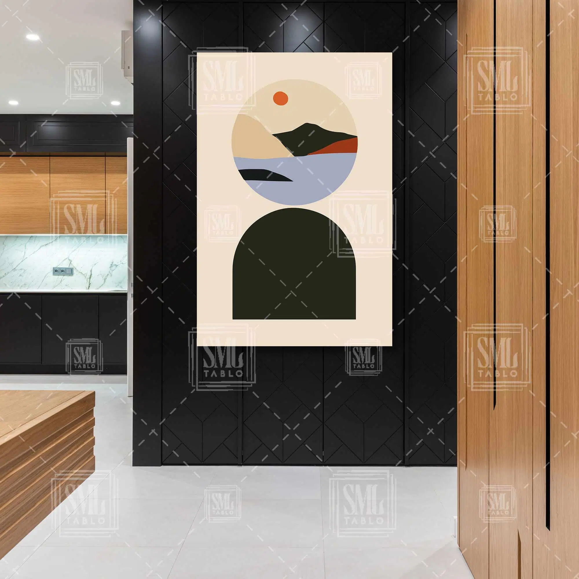 Minimal Deniz Manzarası Güneş Ve Dağlar Boho Dikey Kanvas Tablo