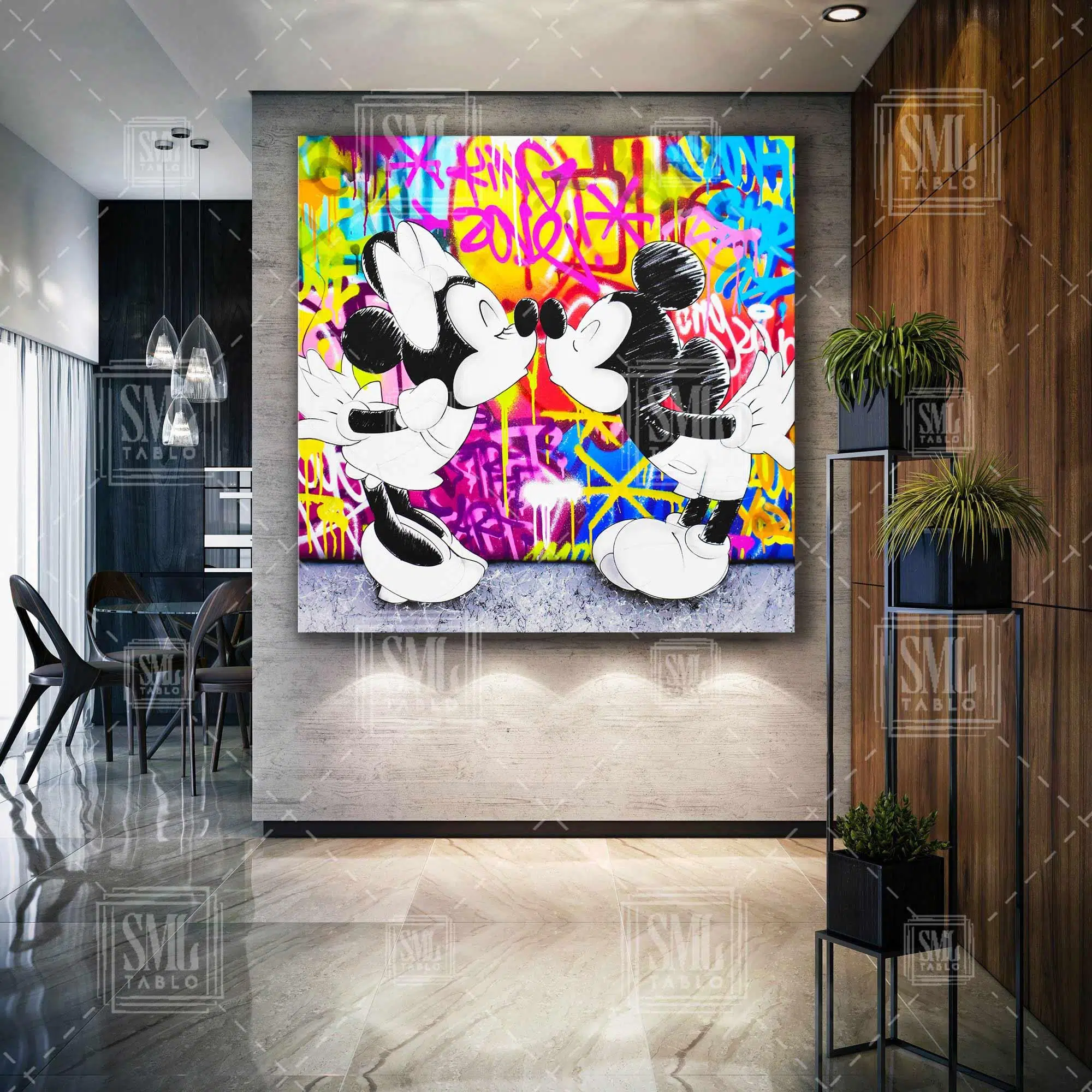 Minnie And Mickey Kısses Miki Ve Mini Fare Öpücük Art Dekor Kare Kanvas Tablo
