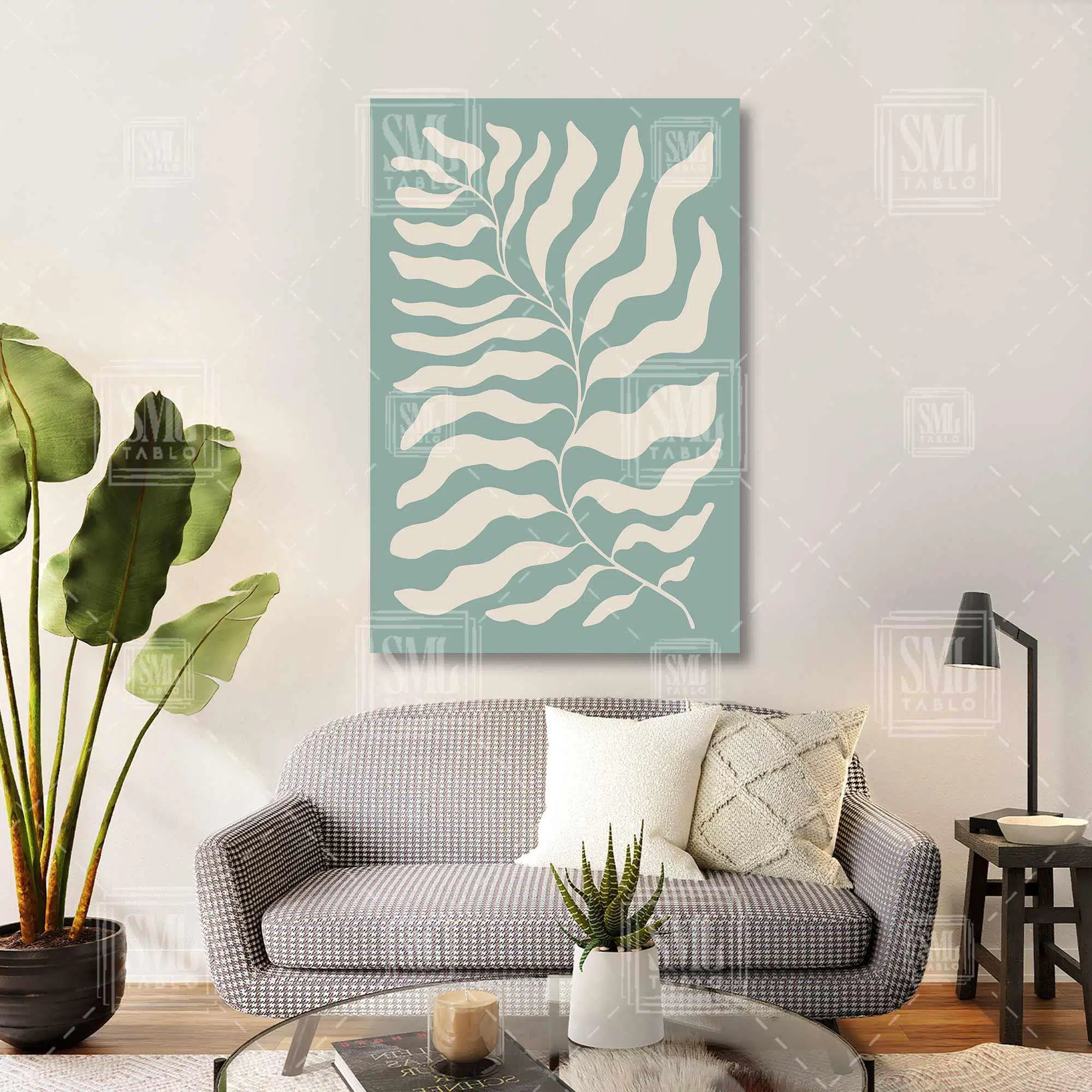 Mint Yeşili Büyük Yaprak İlüstrasyonu Minimal Boho Dikey Kanvas Tablo
