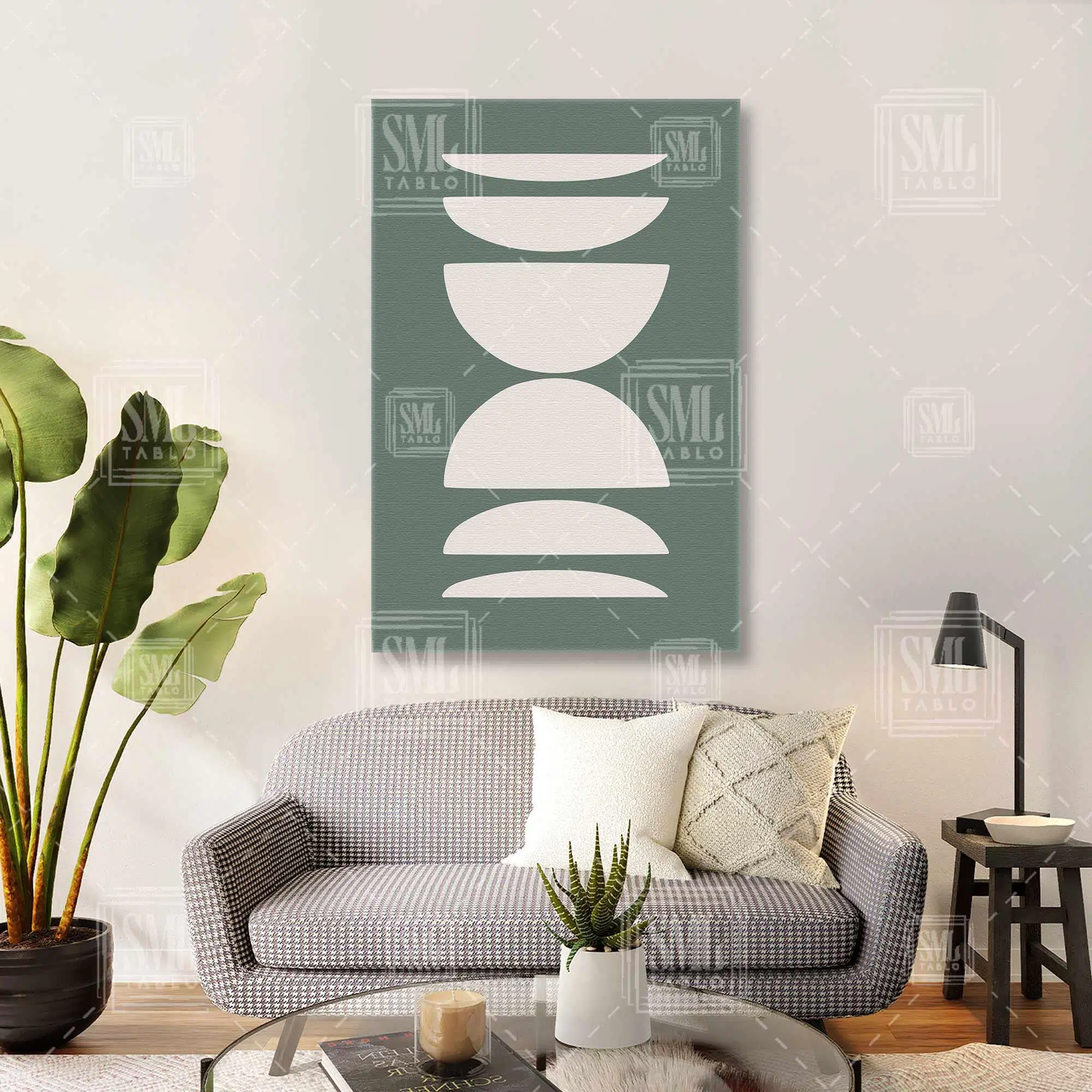 Mint Yeşili Fon Üzerinde Bej Taşlar Boho İskandinav Tarzı Dikey Kanvas Tablo