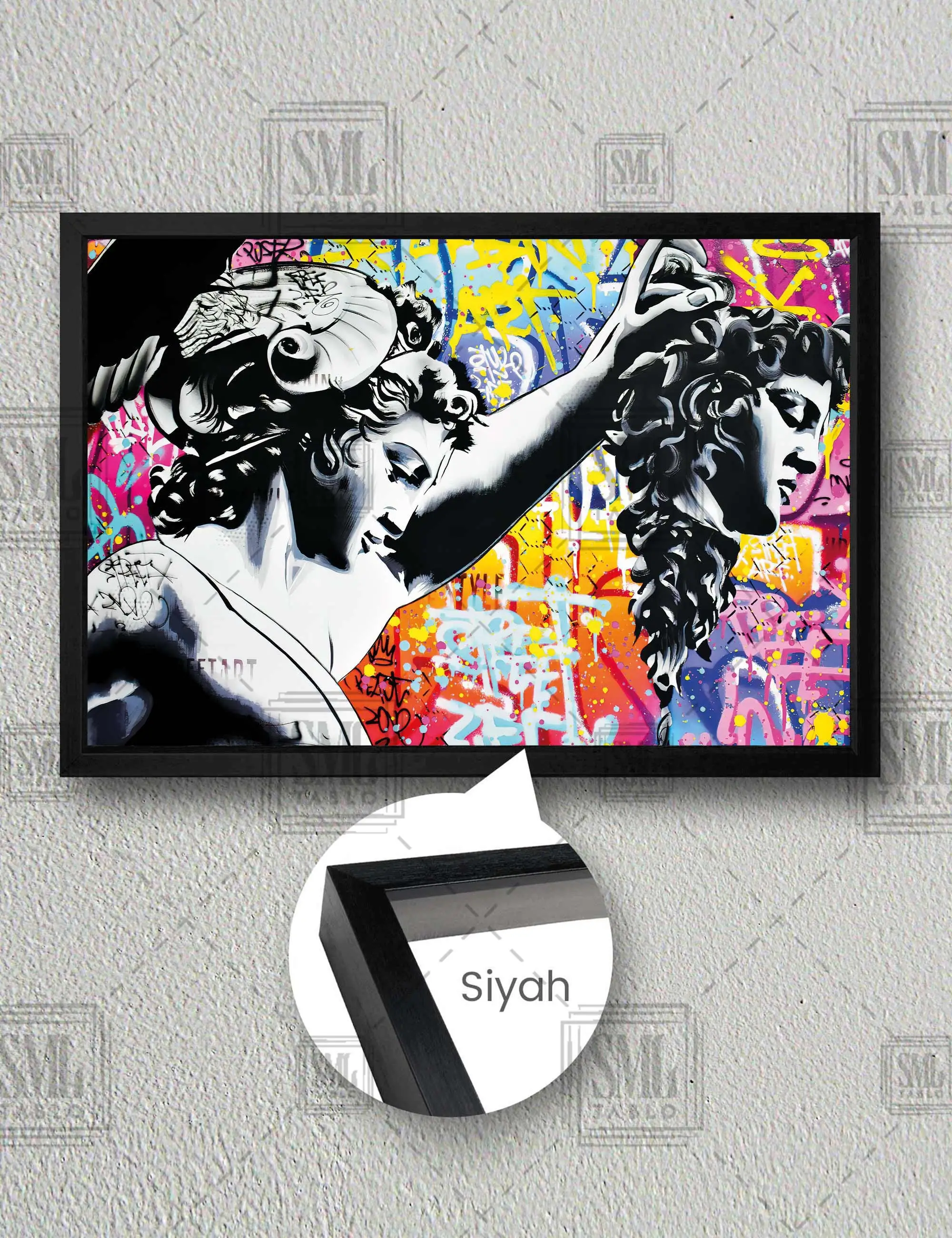 Mitolojik Heykel Hermes Grafiti Sokak Sanatı Çerçeveli Yatay Kanvas Tablo - Siyah