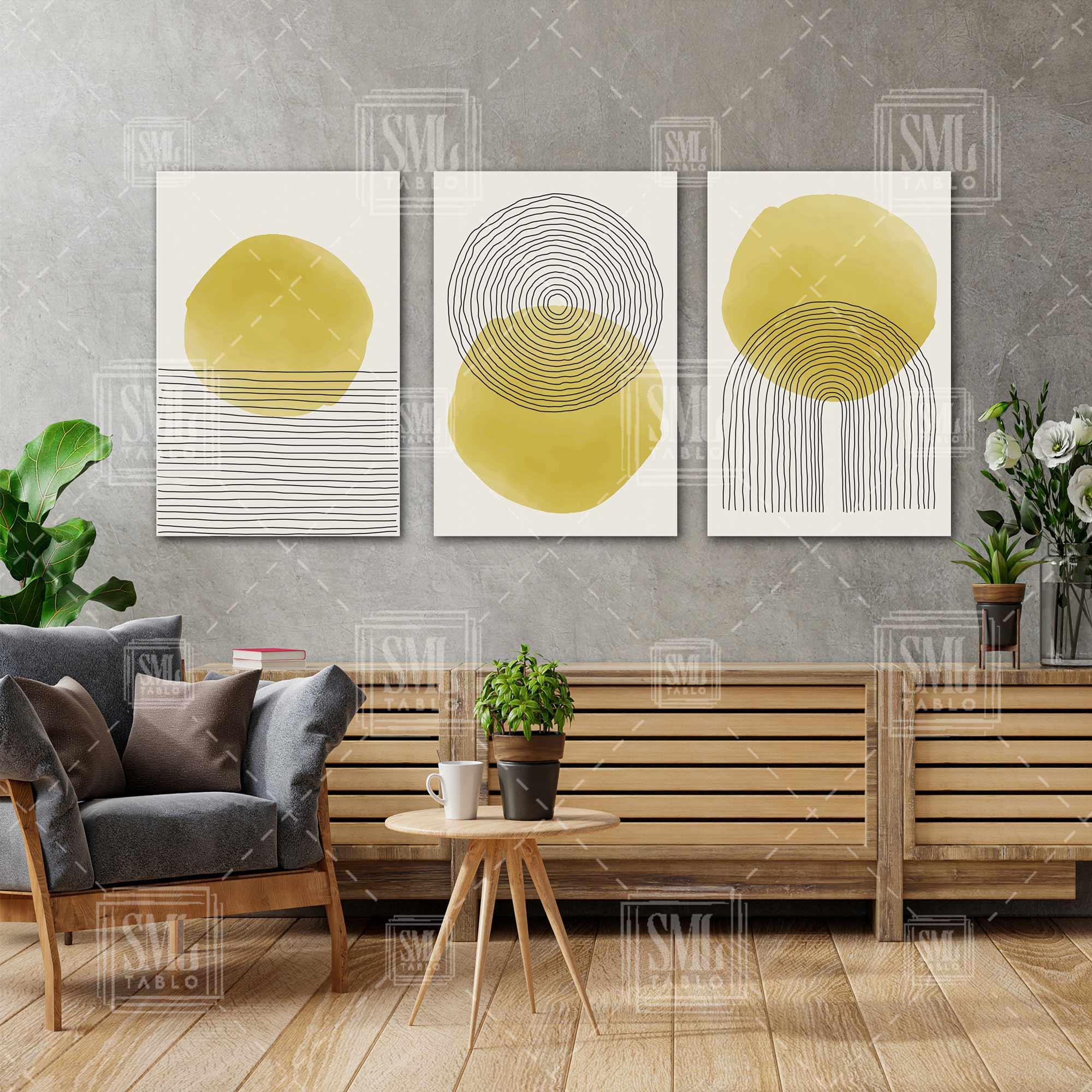 Modern Soyut Altın Yuvarlak Siyah Çizgiler Daireler Dekoratif Üçlü Kombin 3 lü Set Kanvas Tablo Modern Soyut Altın Yuvarlak Siyah Çizgiler Daireler Dekoratif Üçlü Kombin 3 lü Set Kanvas Tablo