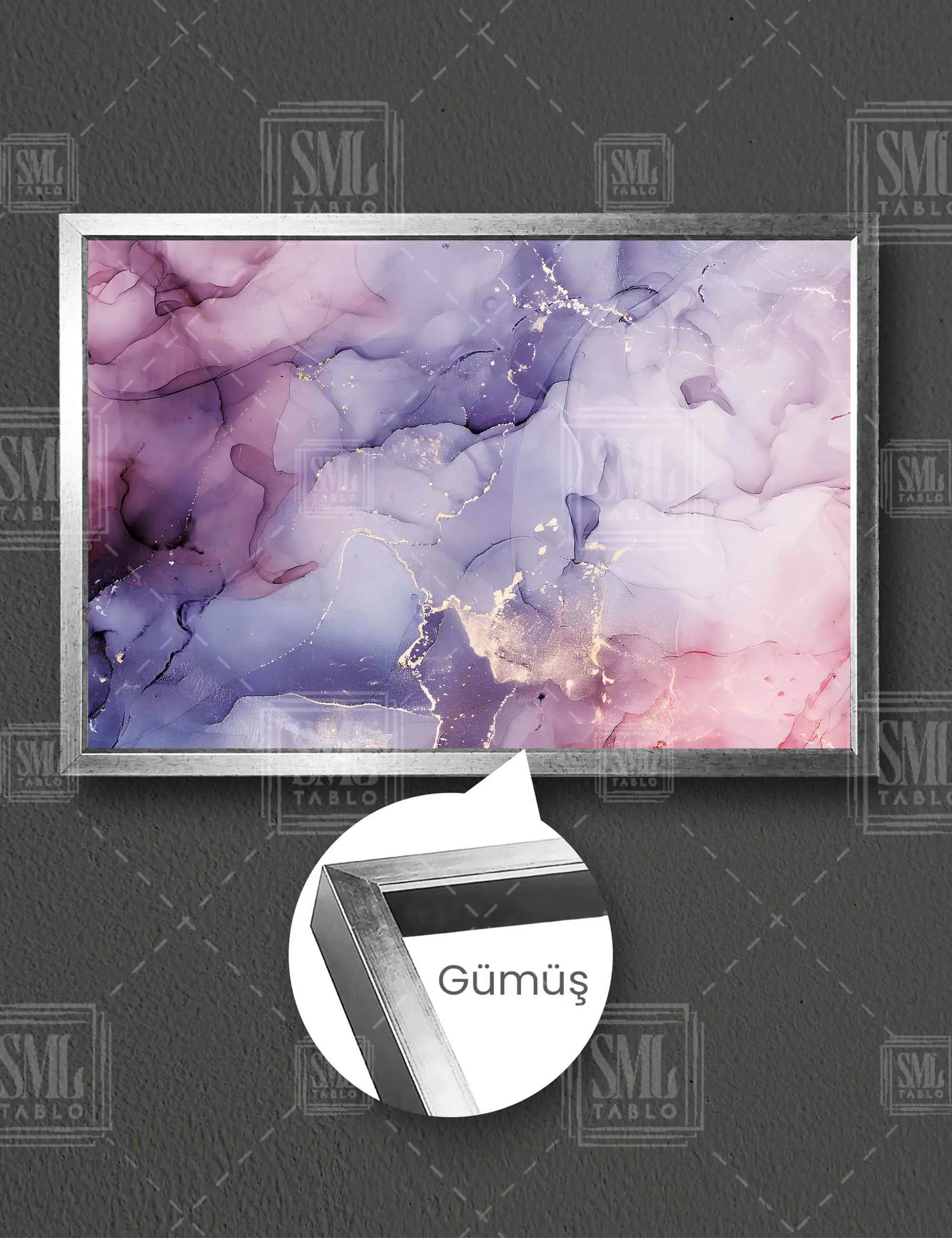 Mor ve Pembe Mermer Deseni Modern Doku Marble Texture Çerçeveli Yatay Kanvas Tablo - Gümüş