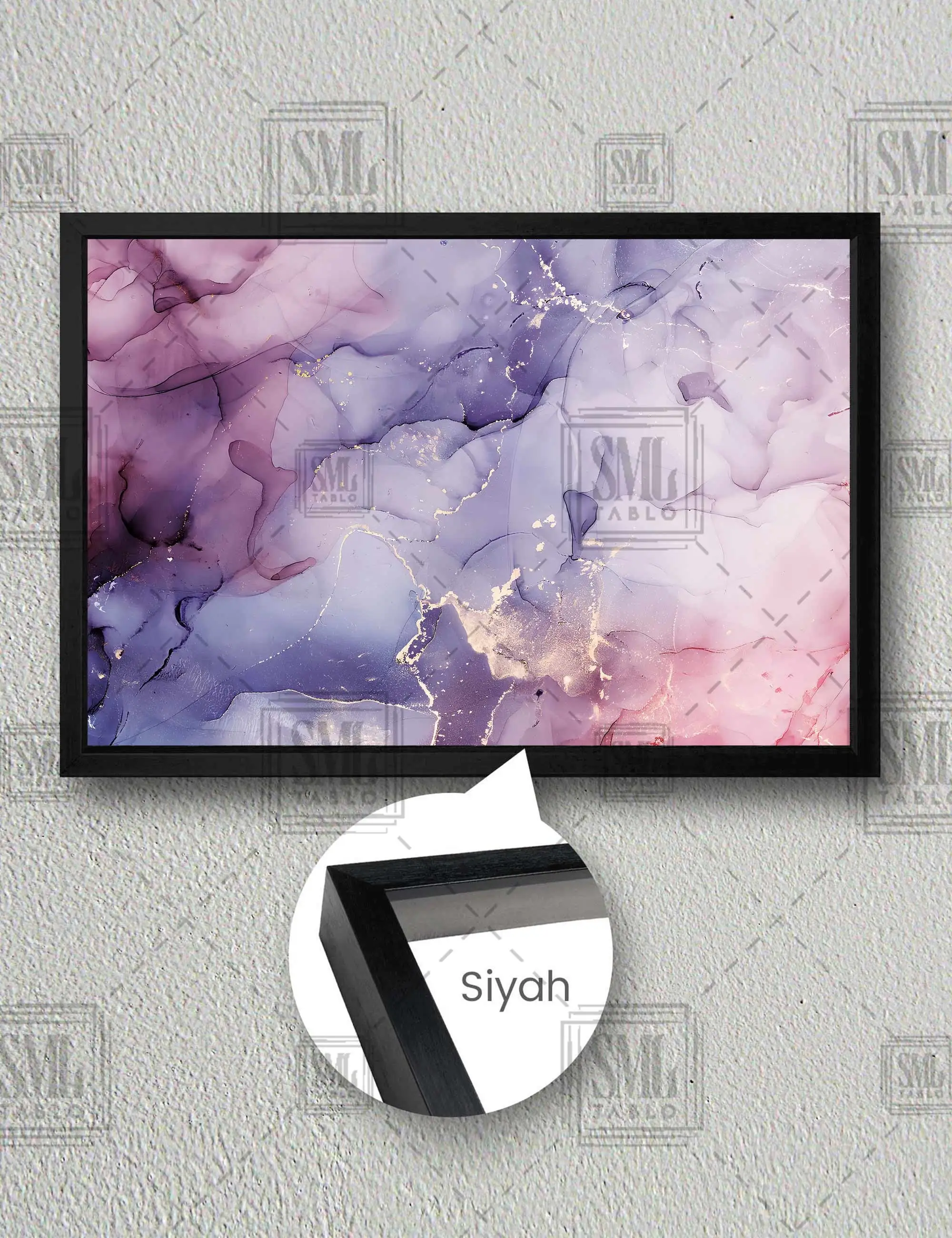 Mor ve Pembe Mermer Deseni Modern Doku Marble Texture Çerçeveli Yatay Kanvas Tablo - Siyah