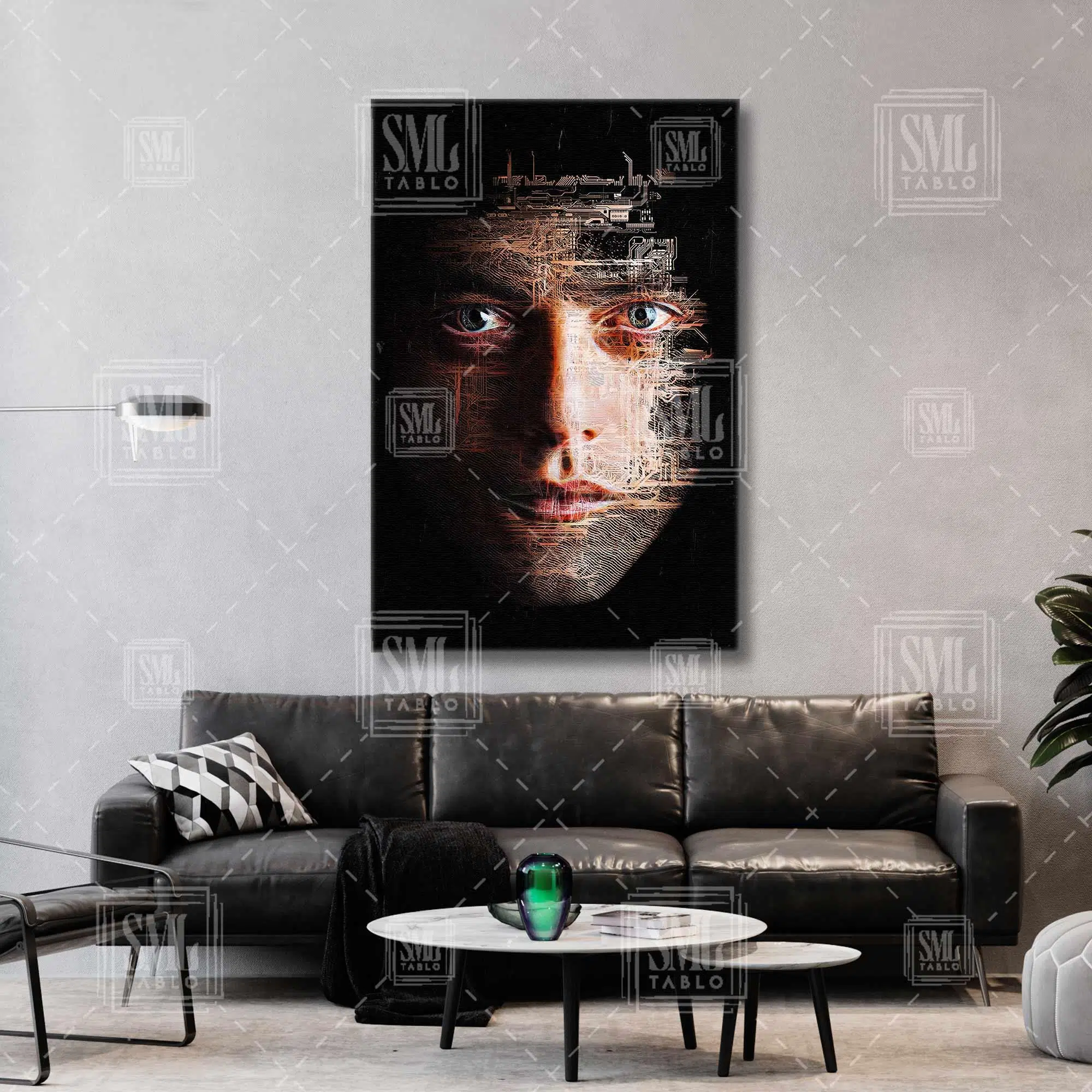 Mr Robot Hacker İşlemci Bilgisayar Parçaları Yüz Silüeti Dikey Kanvas Tablo