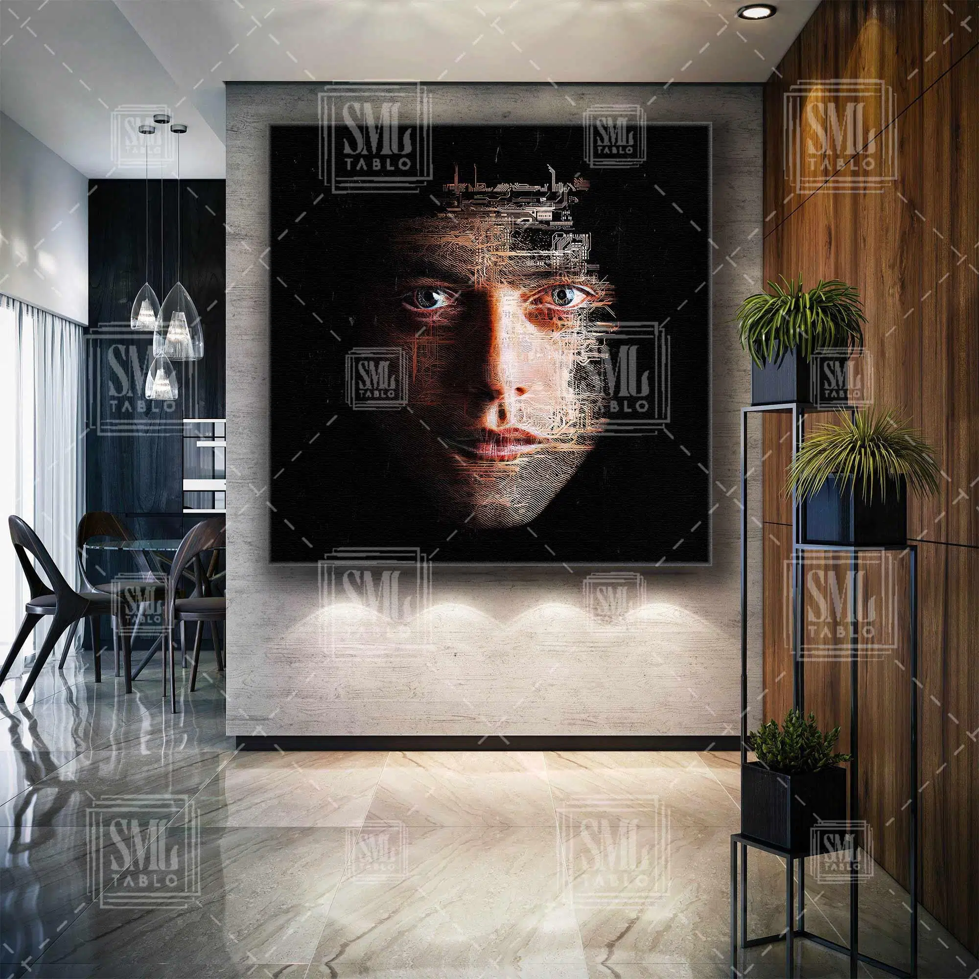 Mr Robot Hacker İşlemci Bilgisayar Parçaları Yüz Silüeti Kare Kanvas Tablo
