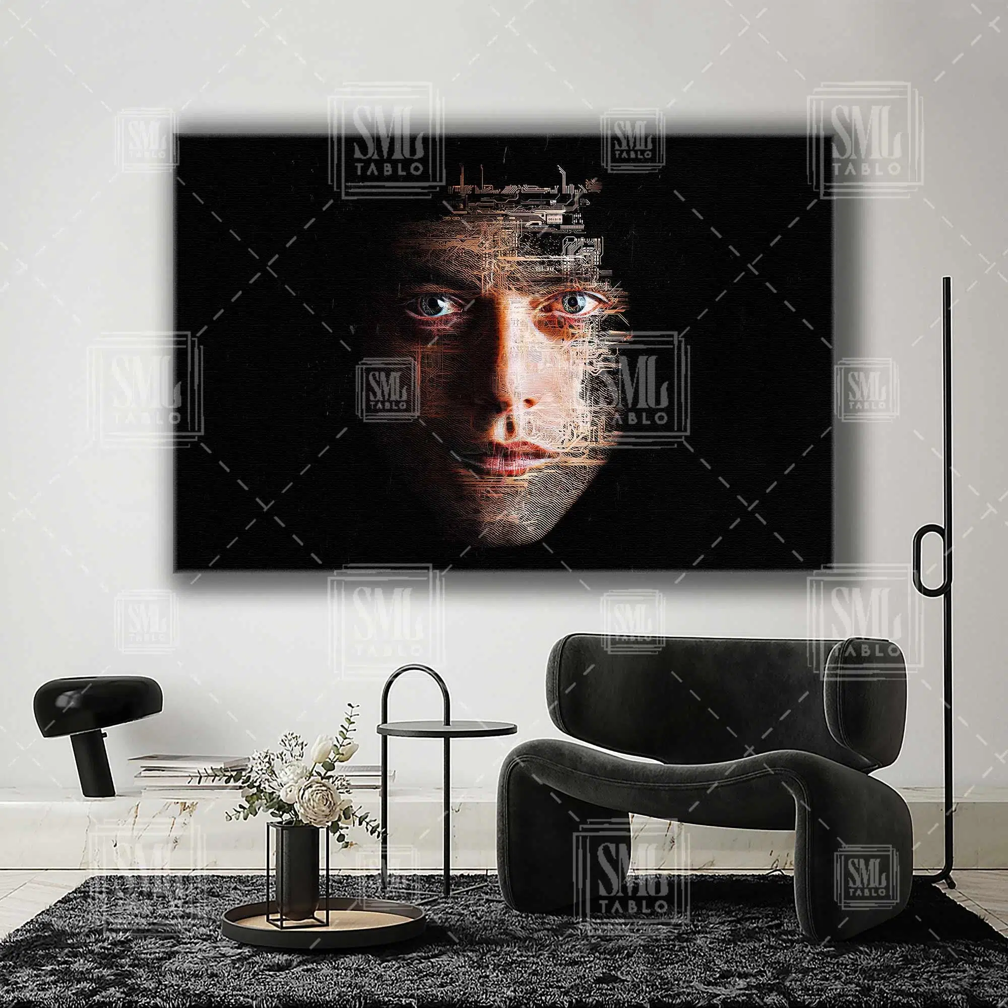Mr Robot Hacker İşlemci Bilgisayar Parçaları Yüz Silüeti Yatay Kanvas Tablo