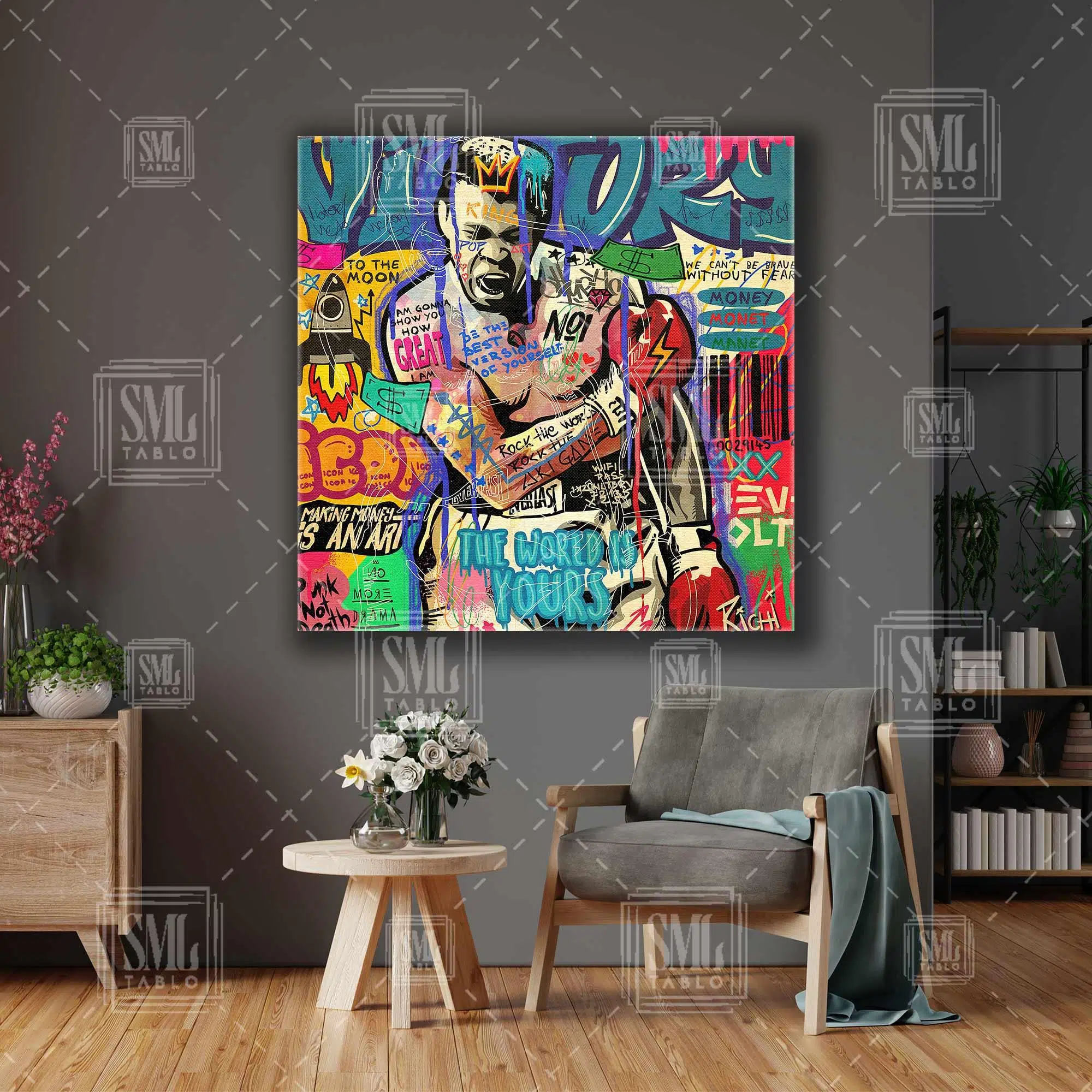 Muhammed Ali Boksör Boks Grafiti Kare Kanvas Tablo