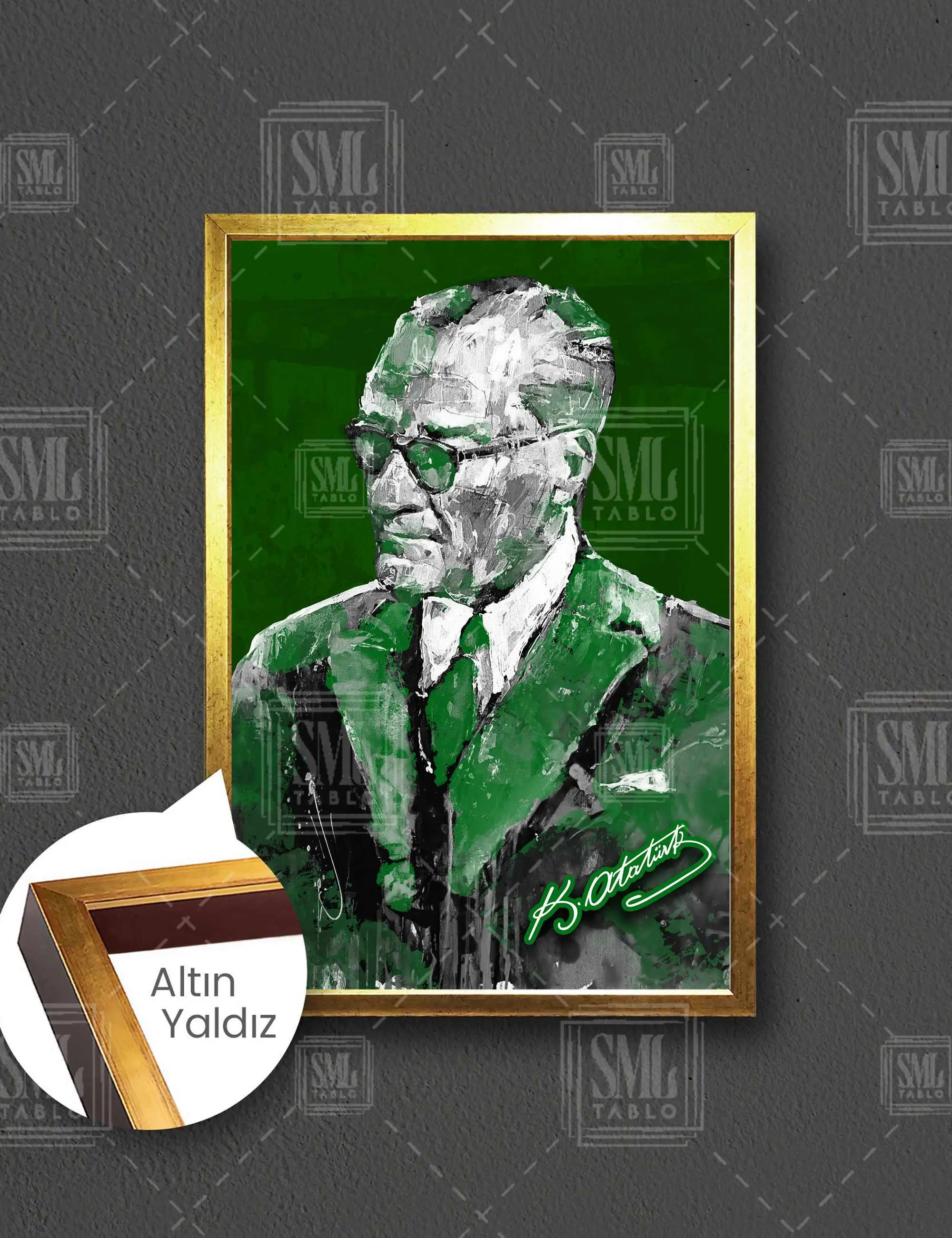 Mustafa Kemal Atatürk İmzası Yeşil ve Beyaz Çerçeveli Dikey Kanvas Tablo