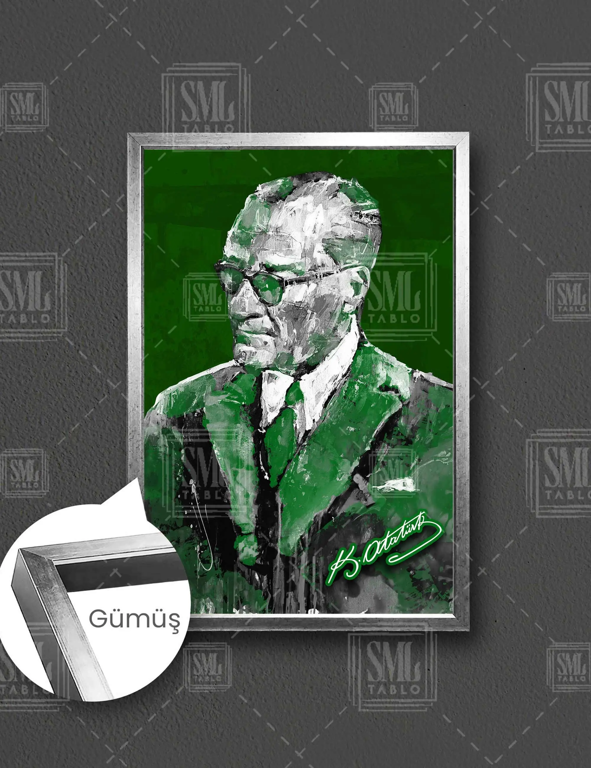 Mustafa Kemal Atatürk İmzası Yeşil ve Beyaz Çerçeveli Dikey Kanvas Tablo - Gümüş