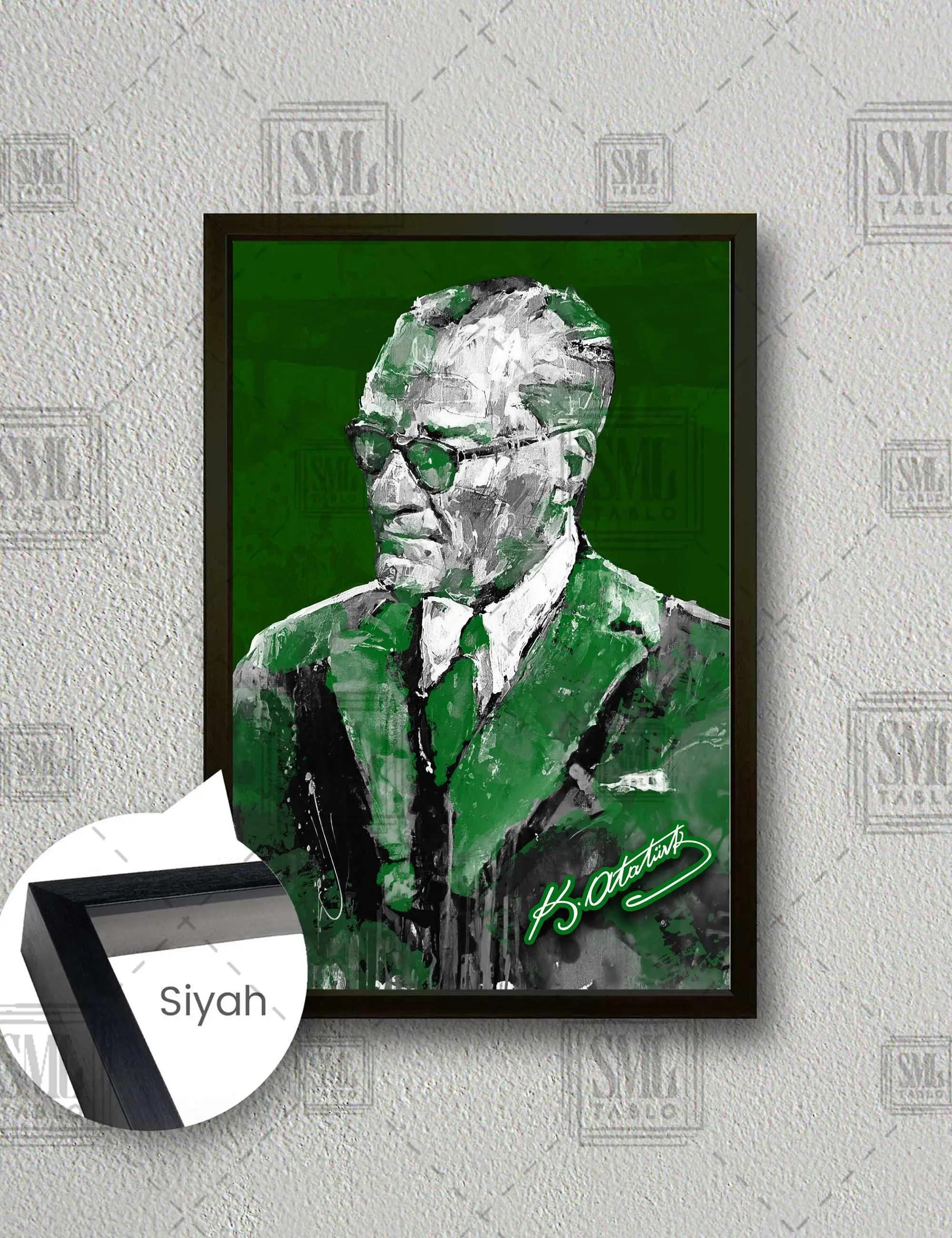 Mustafa Kemal Atatürk İmzası Yeşil ve Beyaz Çerçeveli Dikey Kanvas Tablo - Siyah
