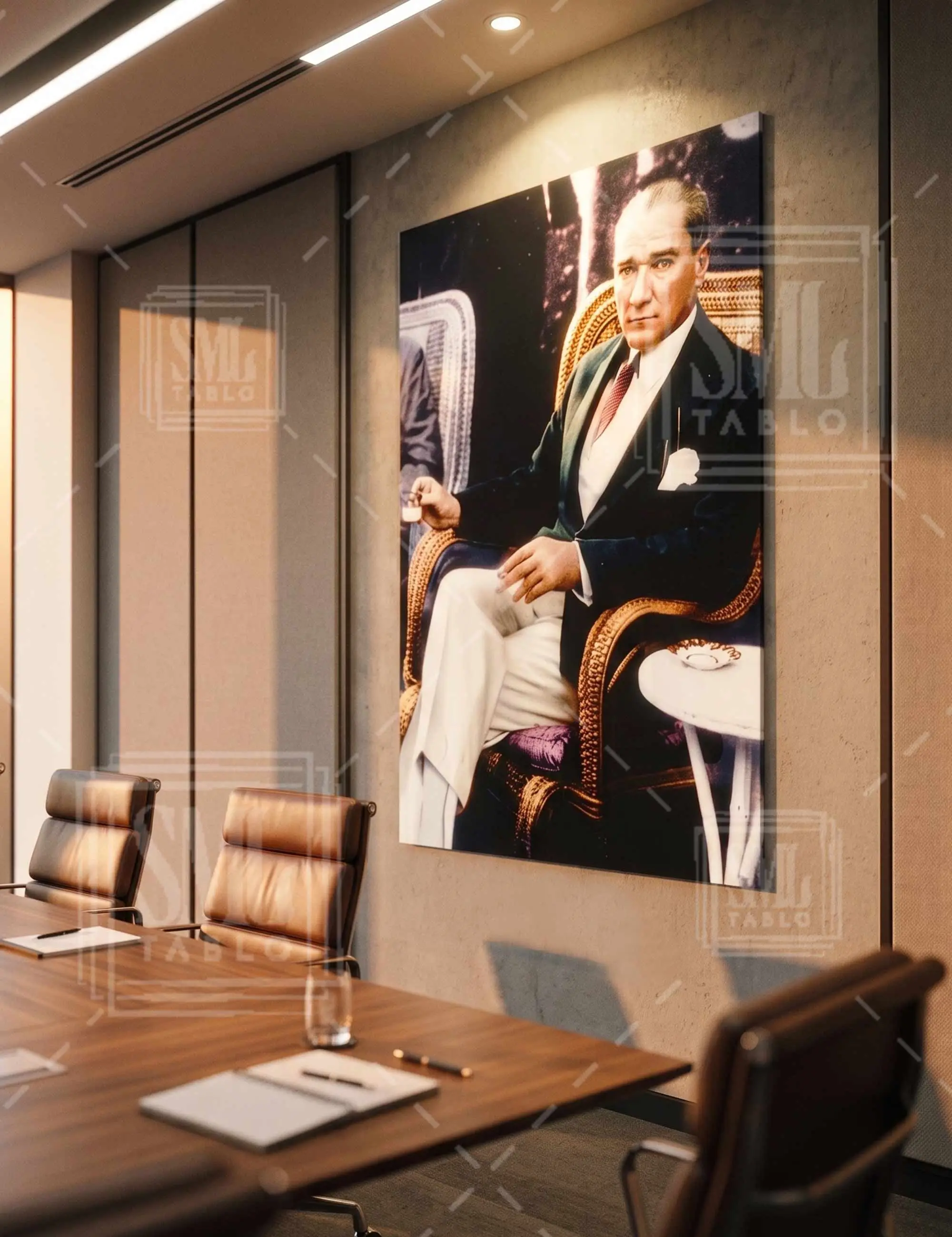Atatürk'ün Hasır Koltukta Kahve İçtiği Renklendirilmiş Tarihi Dekoratif Dikey Kanvas Tablo