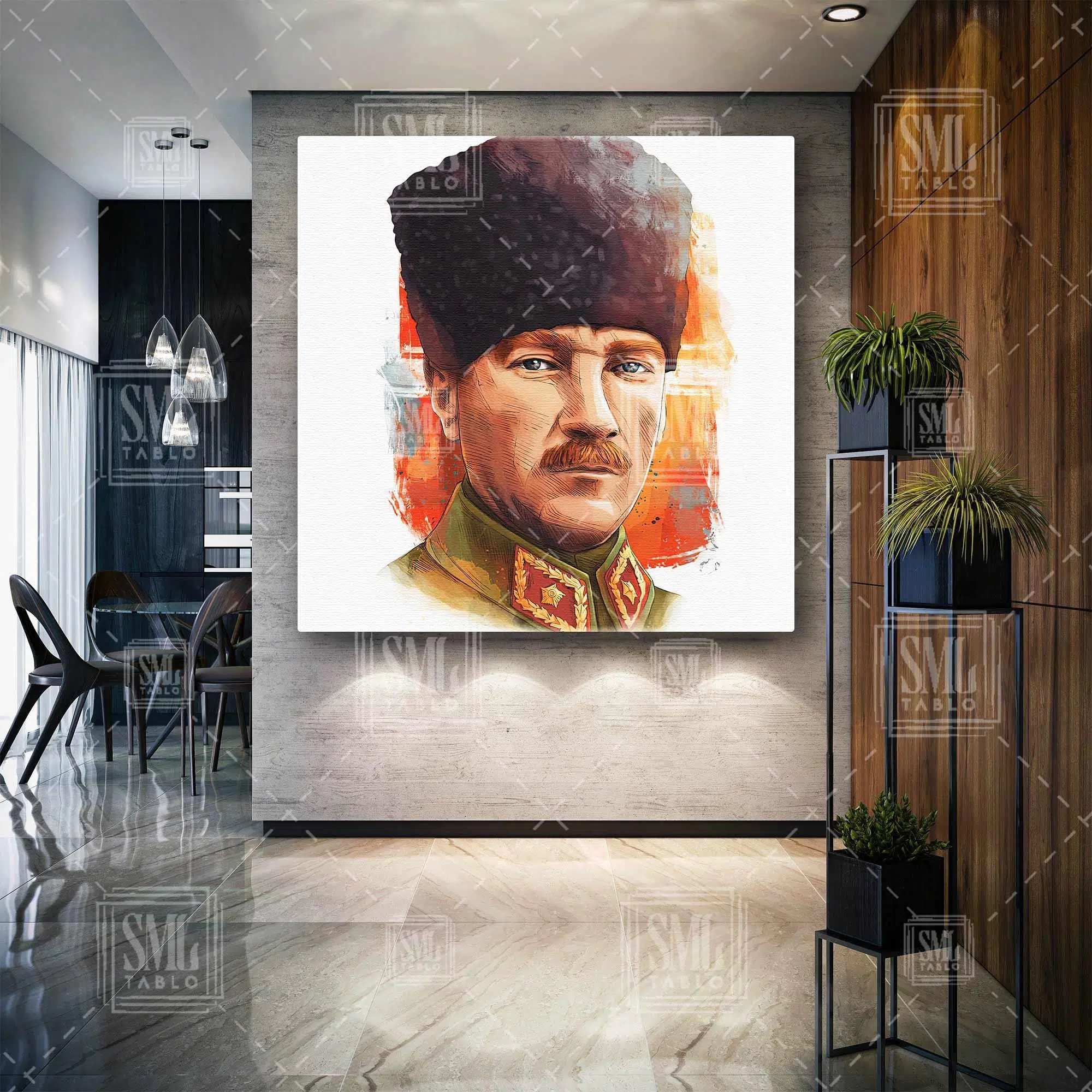 Mustafa Kemal Atatürk Kalpaklı İlüstrasyon Kare Kanvas Tablo