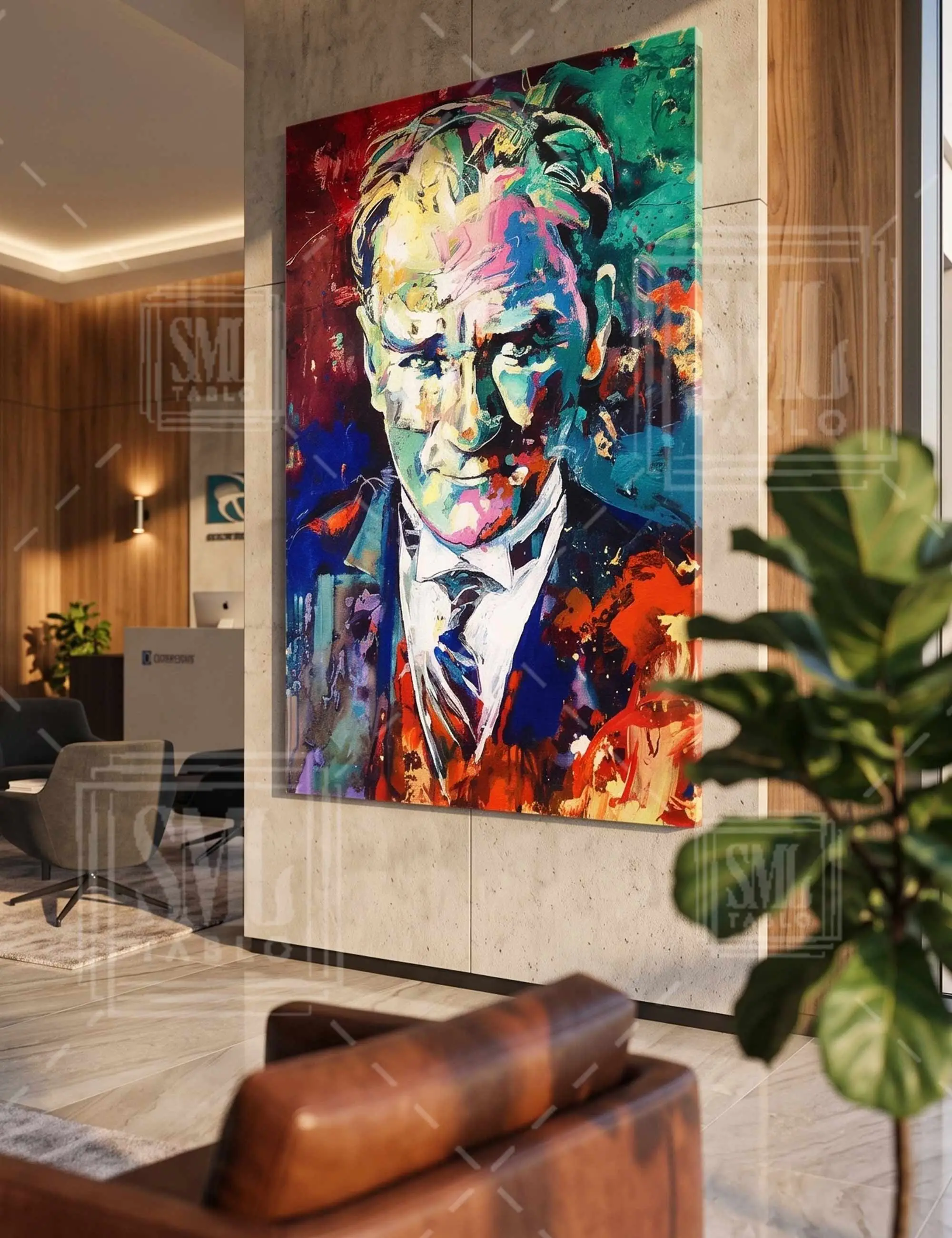 Modern Pop Art Yağlı Boya Görünümlü Renkli Atatürk Portresi Dikey Dekoratif Kanvas Tablo