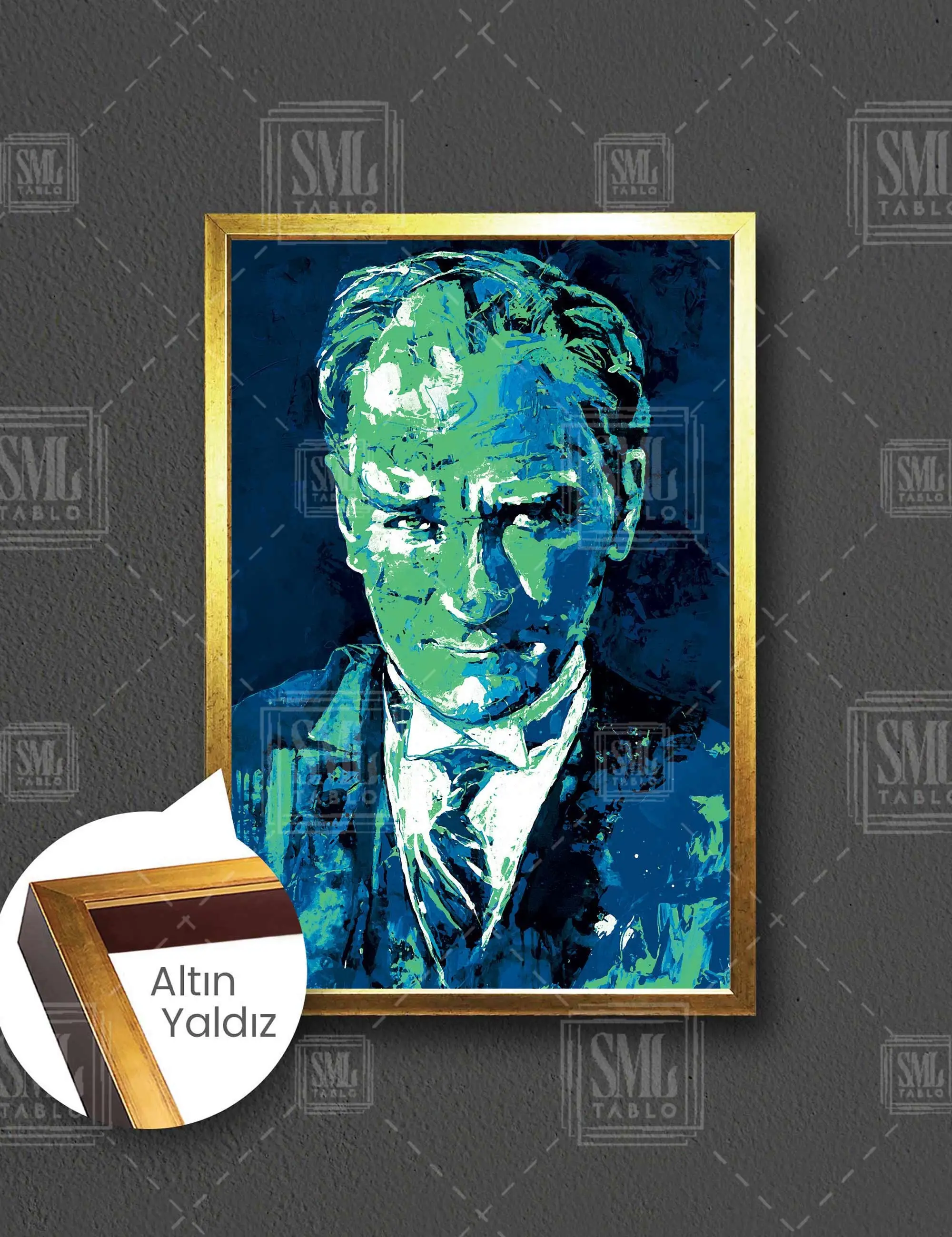 Mustafa Kemal Atatürk Mavi Yeşil Çaykur Rizespor Çerçeveli Dikey Kanvas Tablo