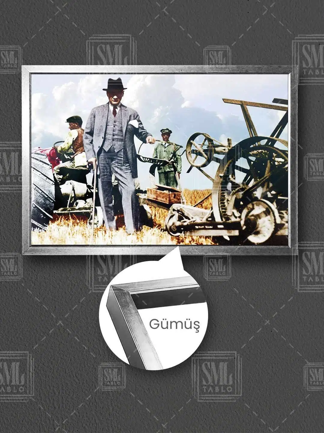 Mustafa Kemal Atatürk ve Cumhuriyet Dönemi Tarım Çiftçilik Çerçeveli Yatay Kanvas Tablo - Gümüş