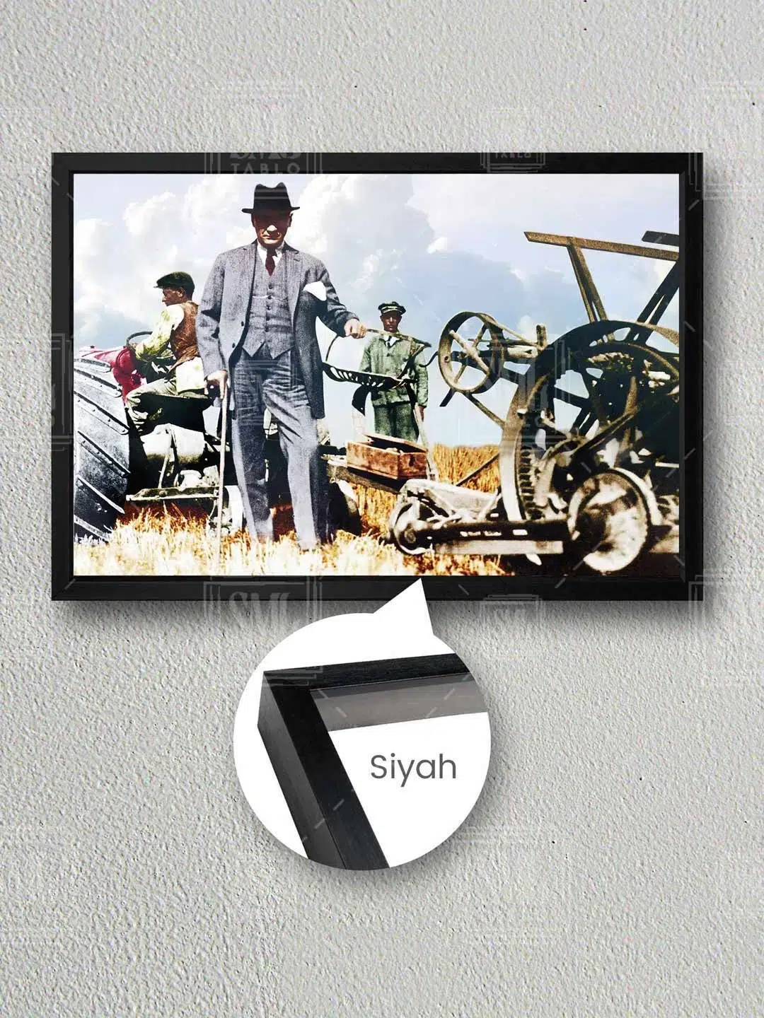 Mustafa Kemal Atatürk ve Cumhuriyet Dönemi Tarım Çiftçilik Çerçeveli Yatay Kanvas Tablo - Siyah