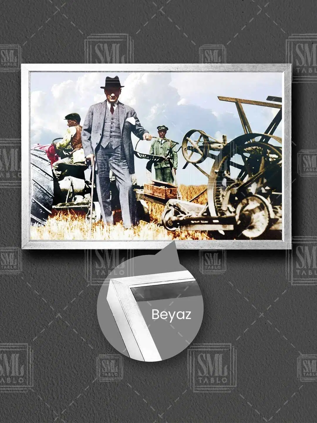 Mustafa Kemal Atatürk ve Cumhuriyet Dönemi Tarım Çiftçilik Çerçeveli Yatay Kanvas Tablo - Beyaz