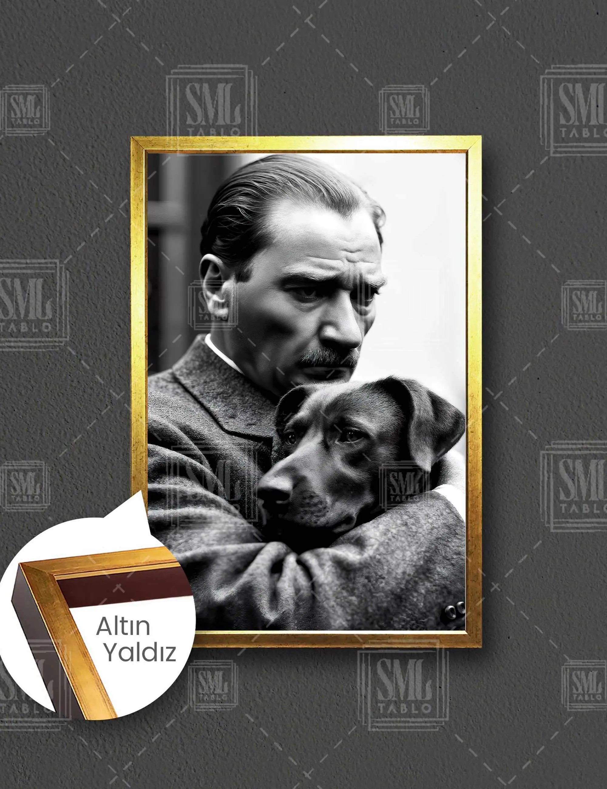 Mustafa Kemal Atatürk ve Köpeği Foks Ata ve Hayvan Sevgisi Çerçeveli Dikey Kanvas Tablo