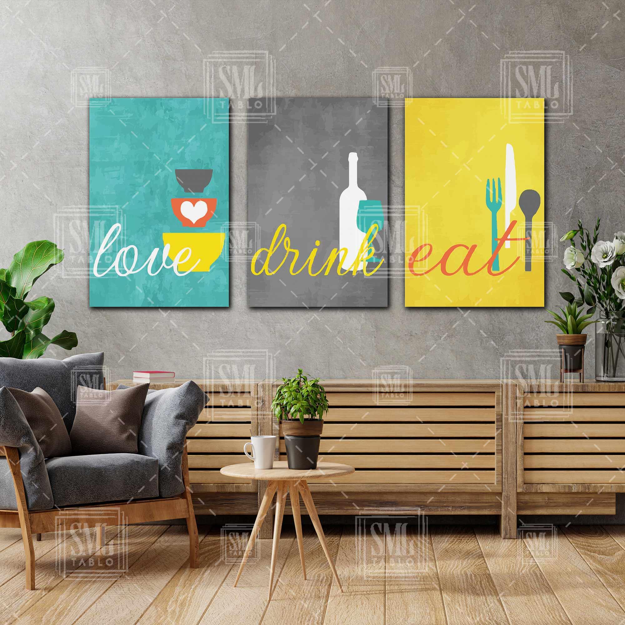 Mutfak Aşkı Çatal Bıçak Şişe Bardak Restorant Cafe Dekor Üçlü Kombin 3 lü Set Kanvas Tablo Mutfak Aşkı Çatal Bıçak Şişe Bardak Restorant Cafe Dekor Üçlü Kombin 3 lü Set Kanvas Tablo