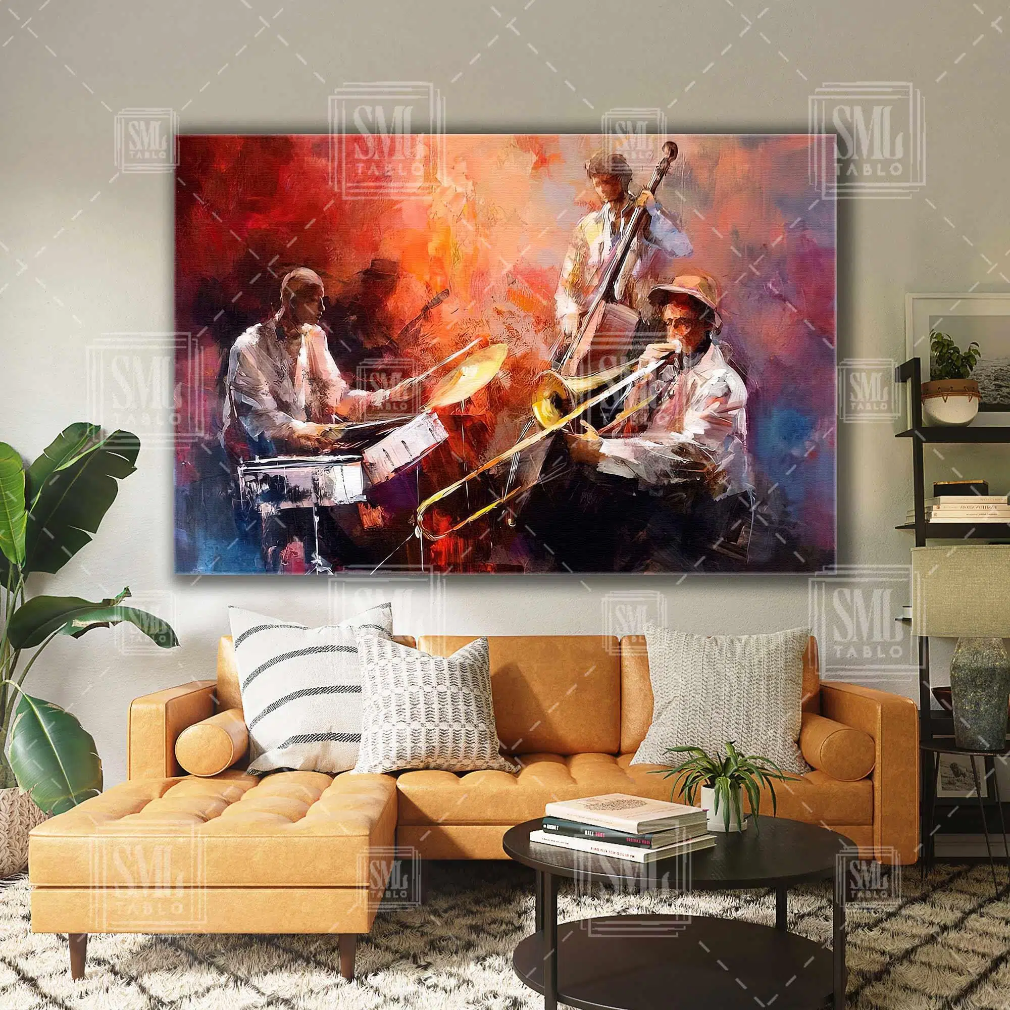Müzik Yapan Caz Grubu Baterist Saksafoncu Çello Virtüözü Yatay Kanvas Tablo