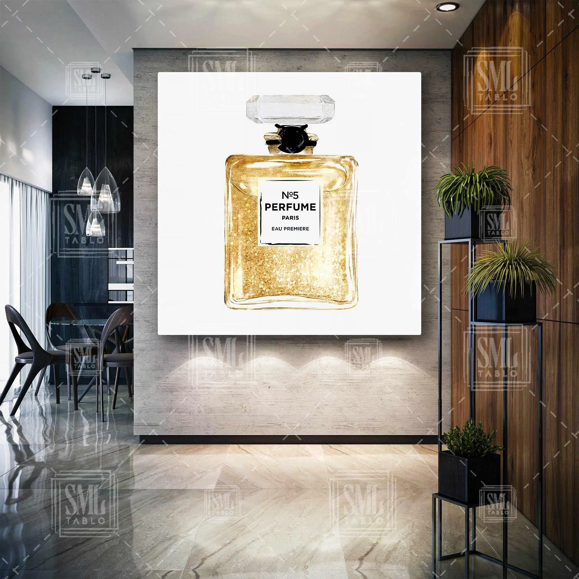 No 5 Parfum Altın Sarısı Simli Kare Kanvas Tablo