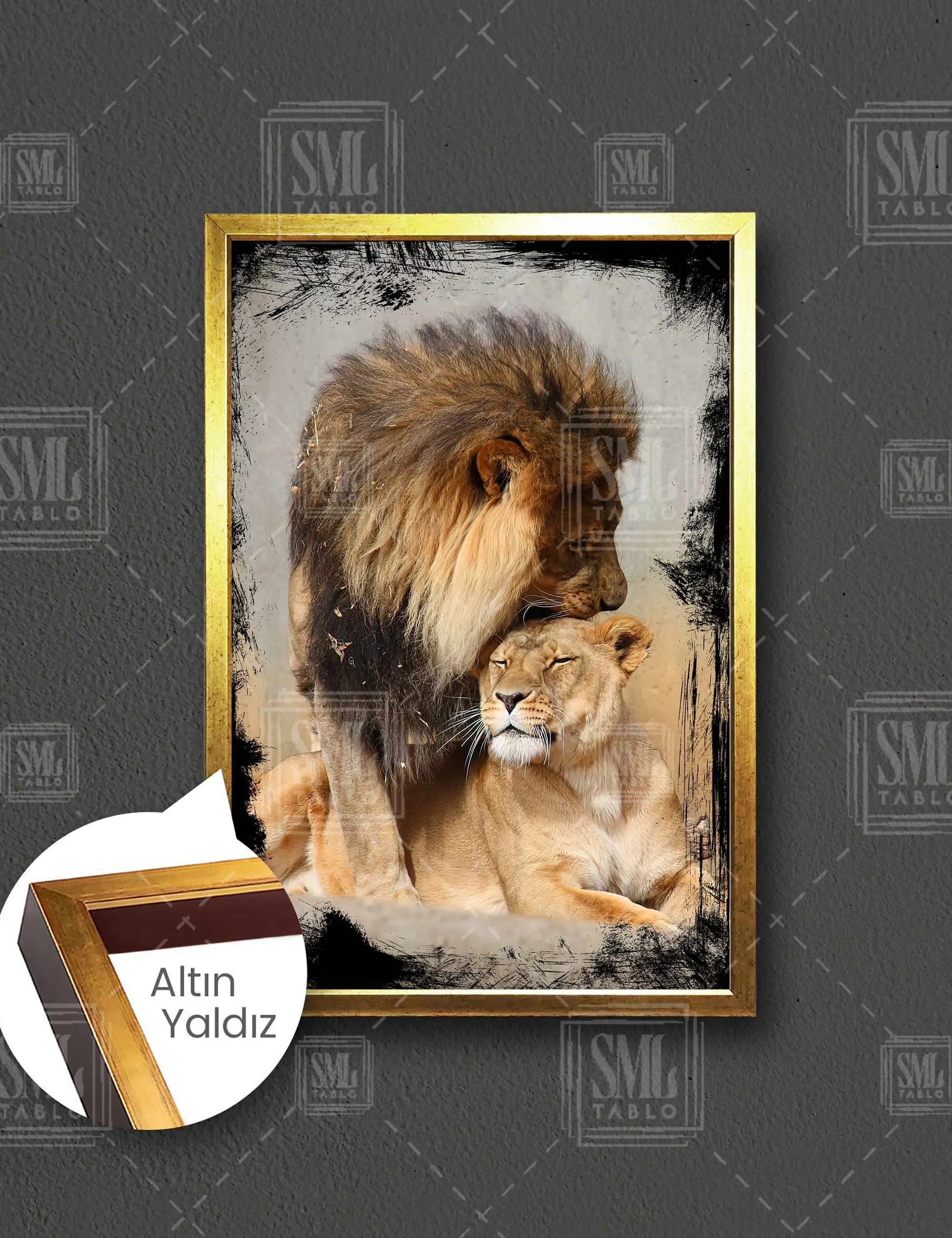Ormanlar Kralı Aslan ve Kaplan Romantik Hayvan Çerçeveli Dikey Kanvas Tablo