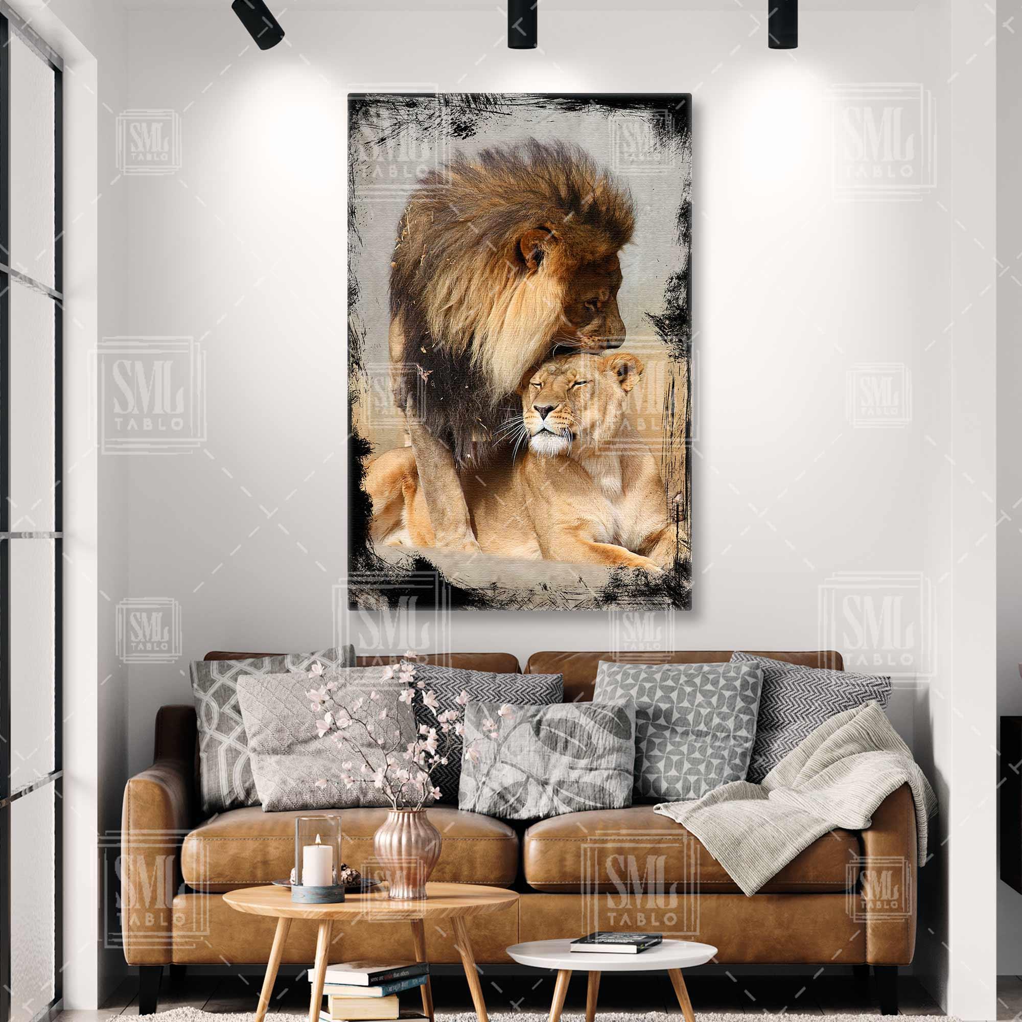 Ormanlar Kralı Aslan Ve Kaplan Romantik Hayvan Dikey Kanvas Tablo Ormanlar Kralı Aslan Ve Kaplan Romantik Hayvan Dikey Kanvas Tablo