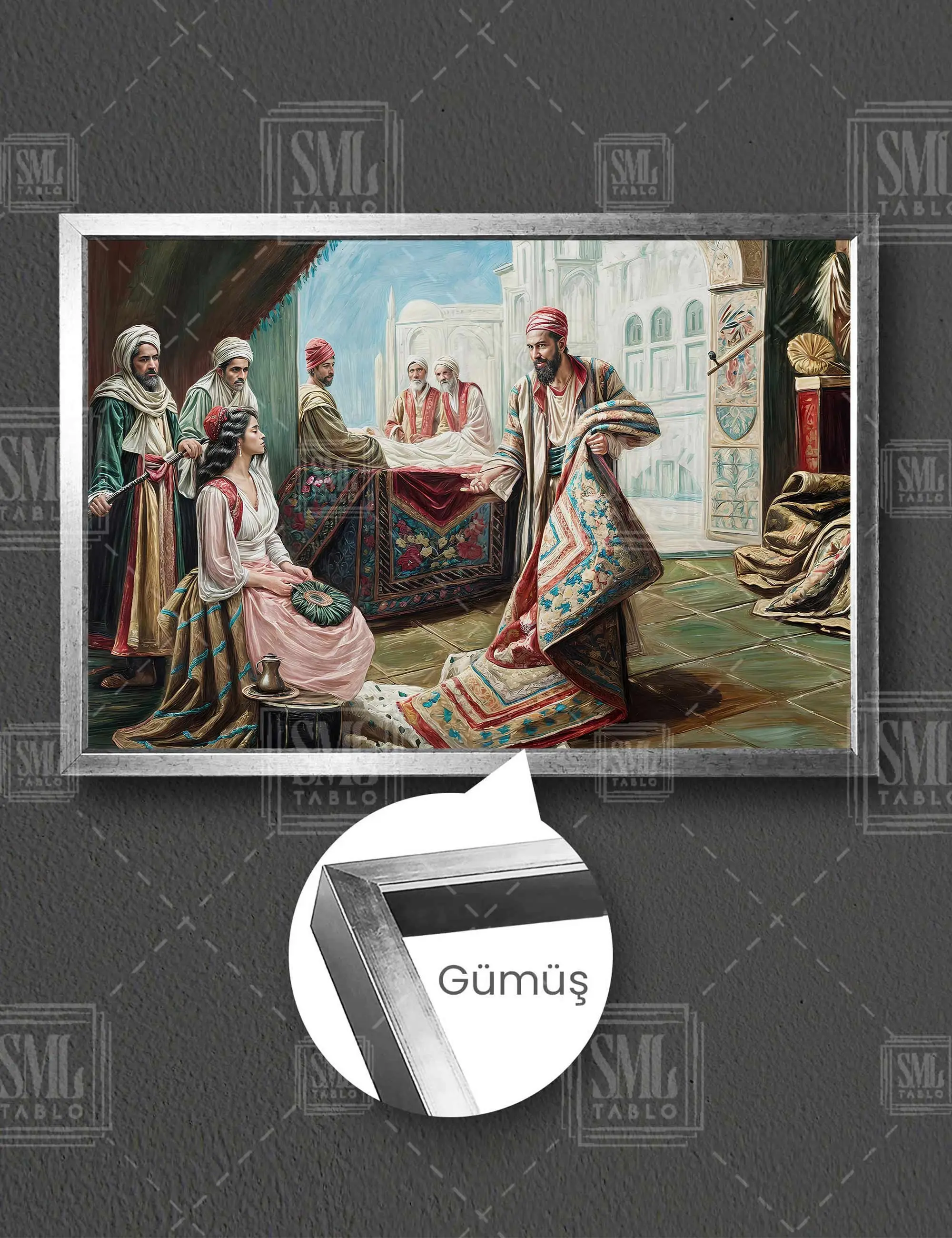 Oryantal Harem Kapalıçarşı Osmanlı Halı Tüccarı Çerçeveli Yatay Kanvas Tablo - Gümüş
