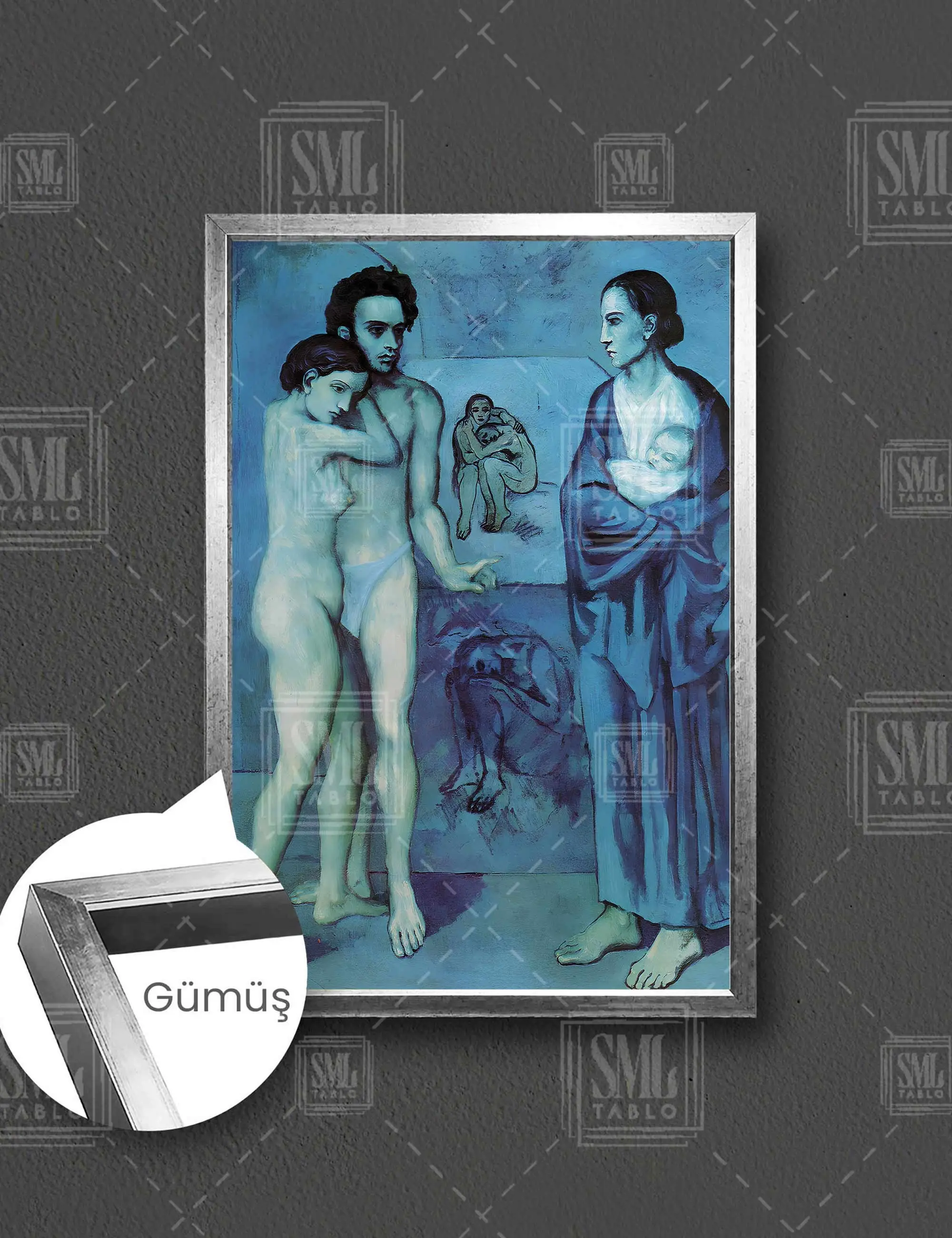 Pablo Picasso La Vie The Life Heykel Kadın Çocuk Aile Çerçeveli Dikey Kanvas Tablo - Gümüş