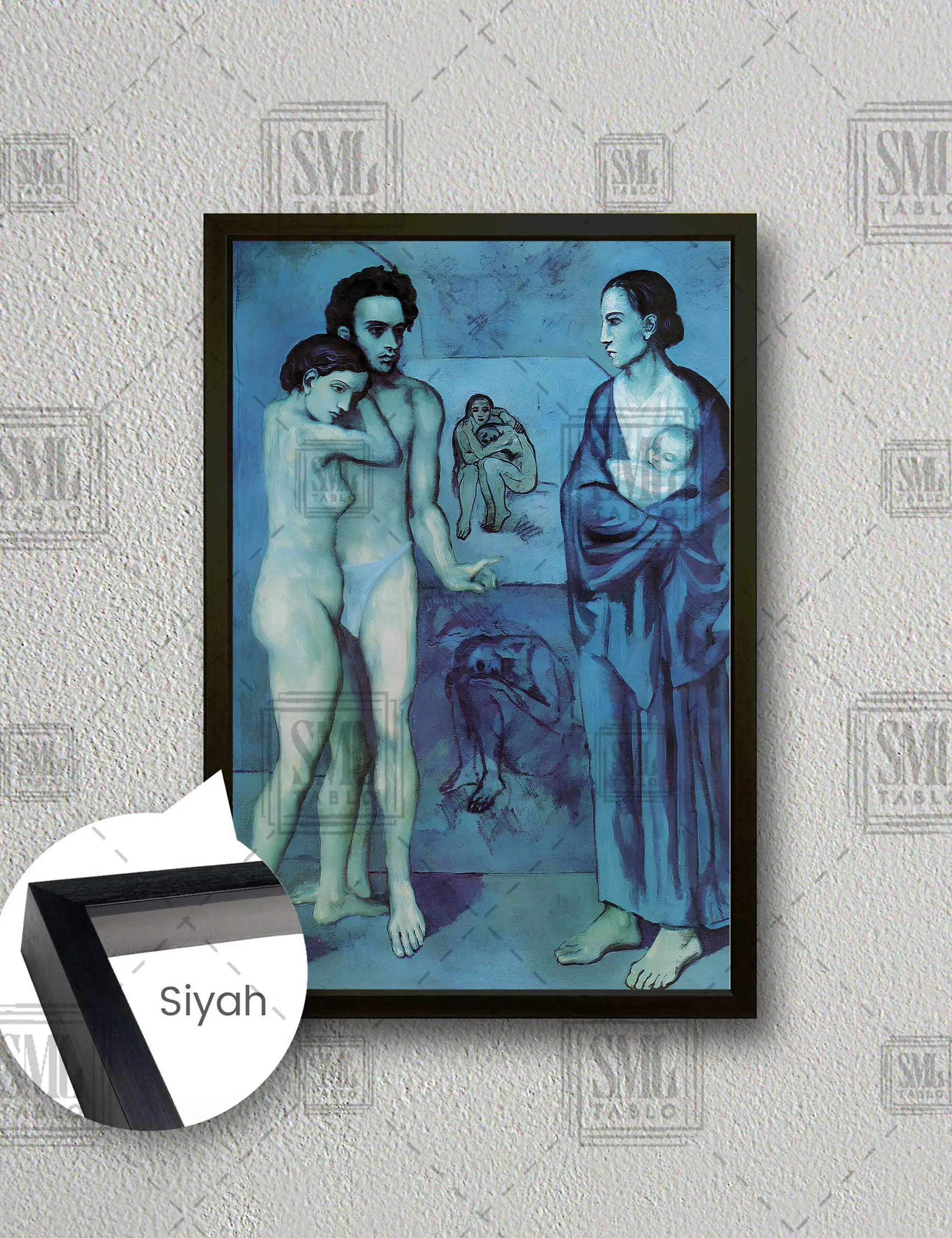 Pablo Picasso La Vie The Life Heykel Kadın Çocuk Aile Çerçeveli Dikey Kanvas Tablo - Siyah