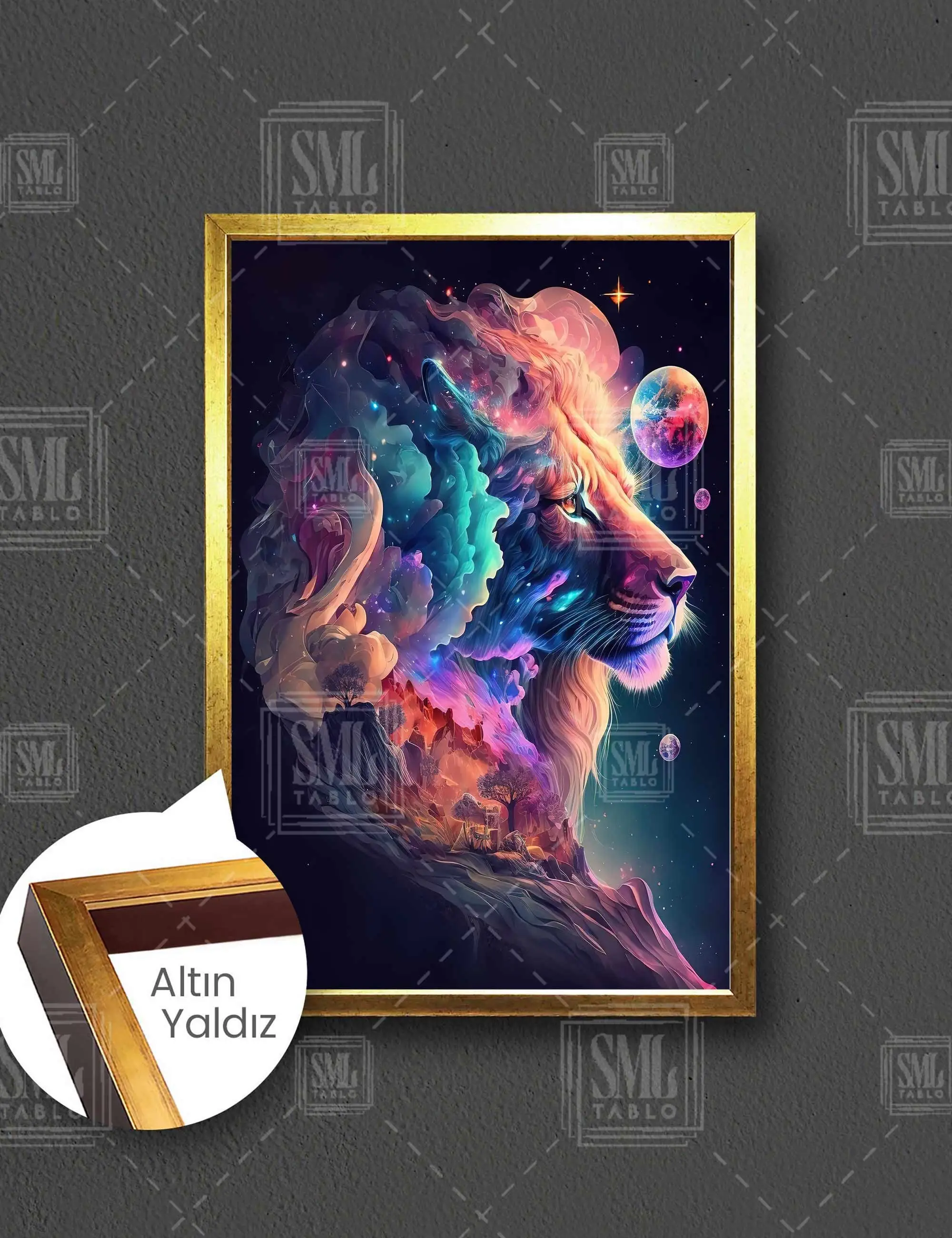 Pembe Bulutlar Ormanlar Kralı Aslan Ay Yıldızlar Fantastik Çerçeveli Dikey Kanvas Tablo