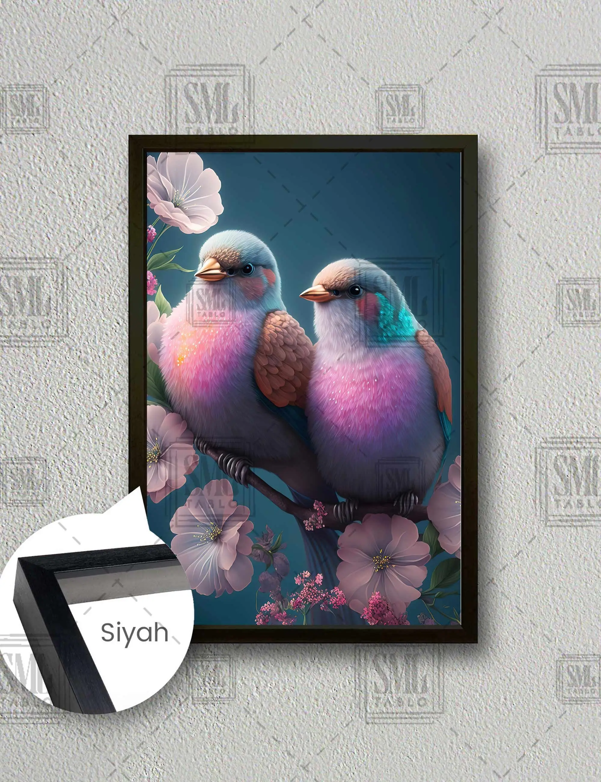 Pembe Çiçekli Dalın Üzerinde Duran Sevimli Kuş Çifti Romantik Çerçeveli Dikey Kanvas Tablo - Siyah