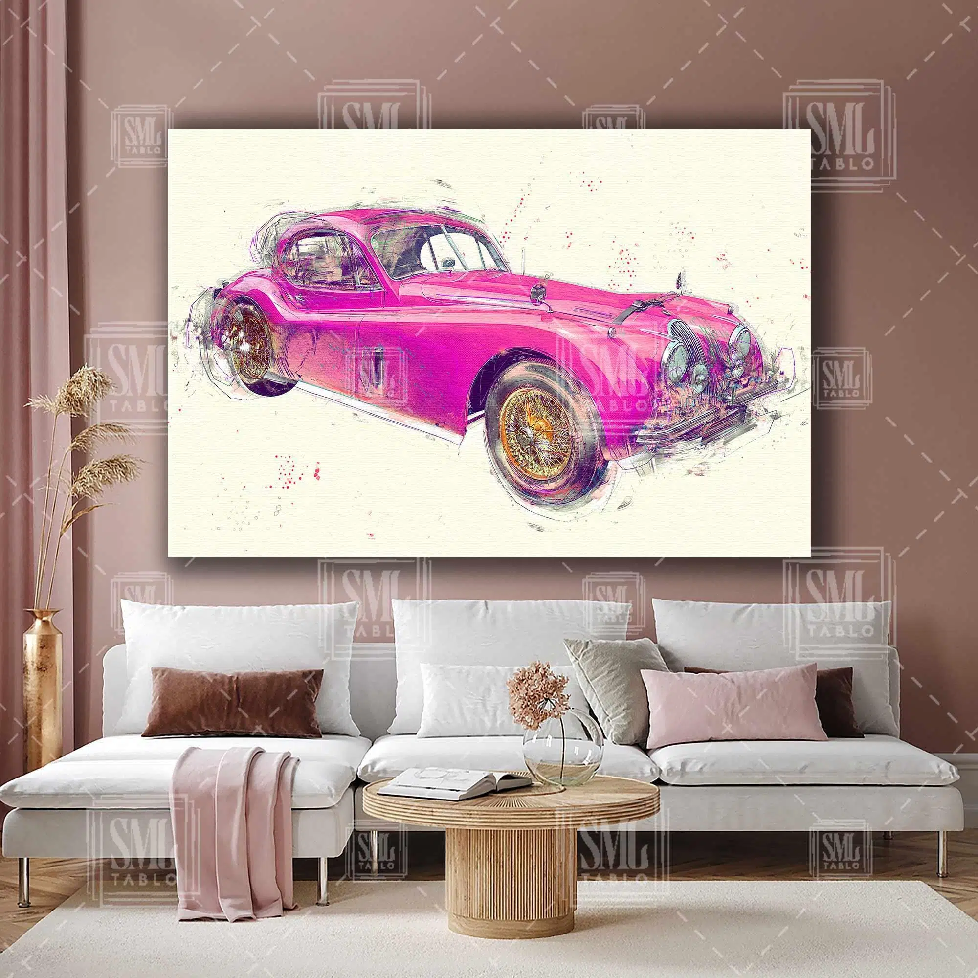 Pembe Eski Model Coupe Koleksiyon Araba Çizimi Yatay Kanvas Tablo
