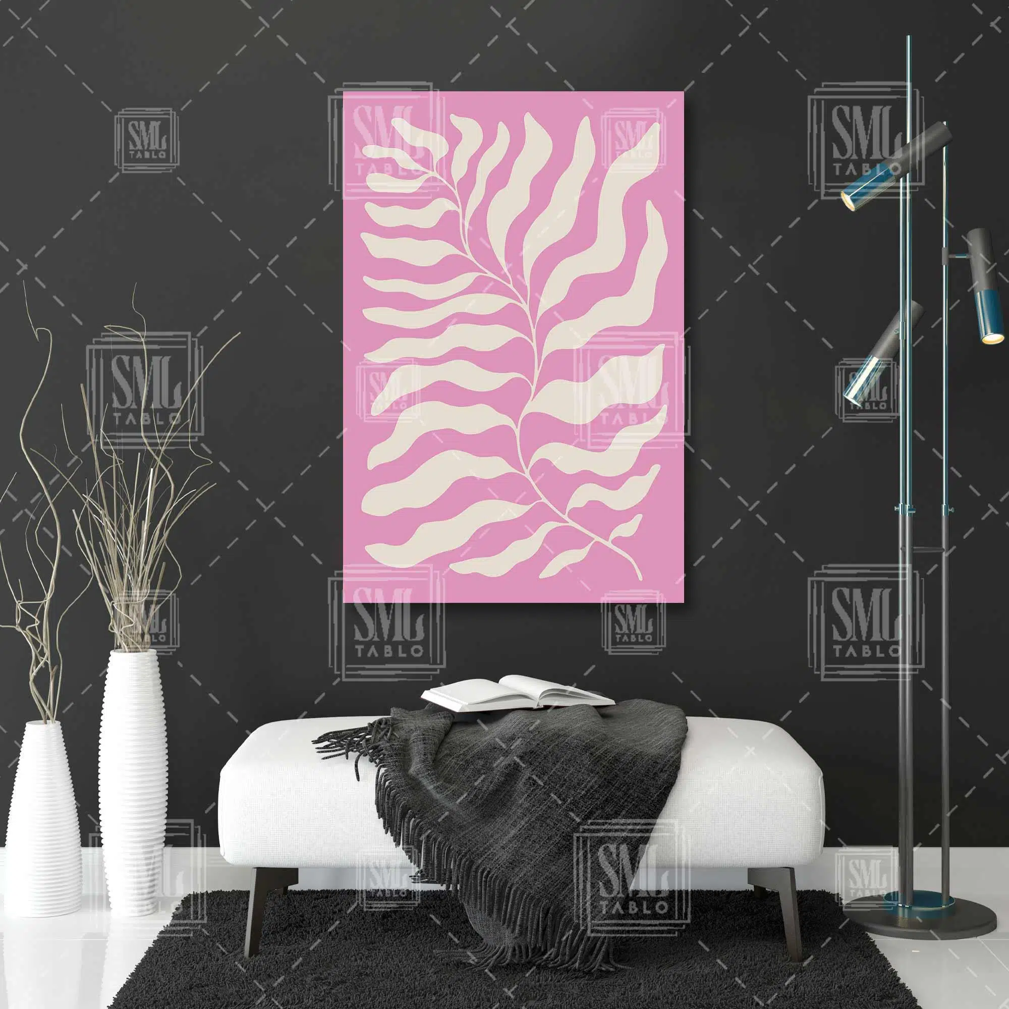 Pembe Fon Üzerine Bej Büyük Yaprak İlüstrasyonu Minimal Boho Dikey Kanvas Tablo