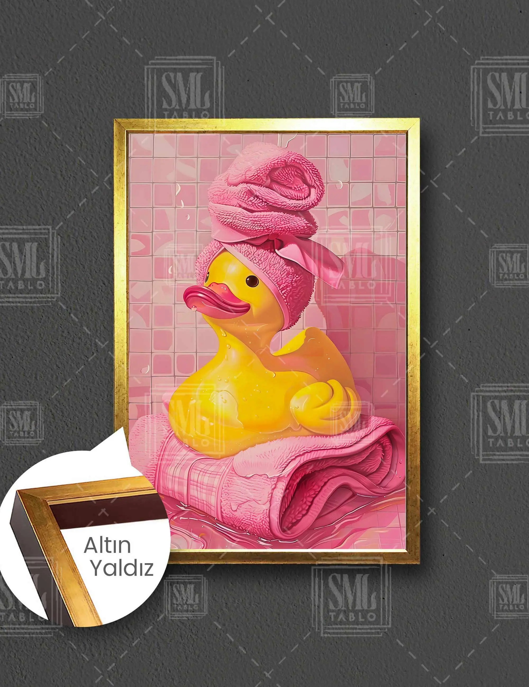 Pembe Havlu Sarı Şirin Ördek Pembe Fayans Banyo Dekor Çerçeveli Dikey Kanvas Tablo