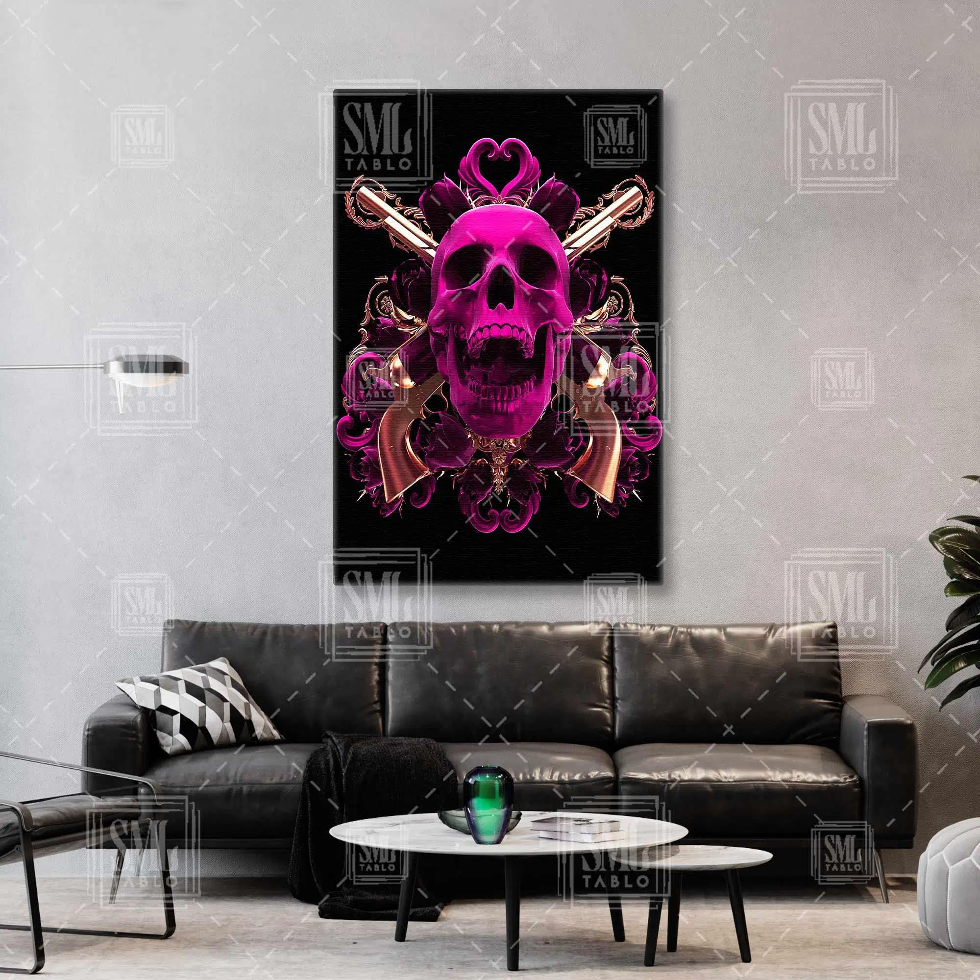 Pembe Kafa Ve Gold Detaylı Dekor Dikey Kanvas Tablo