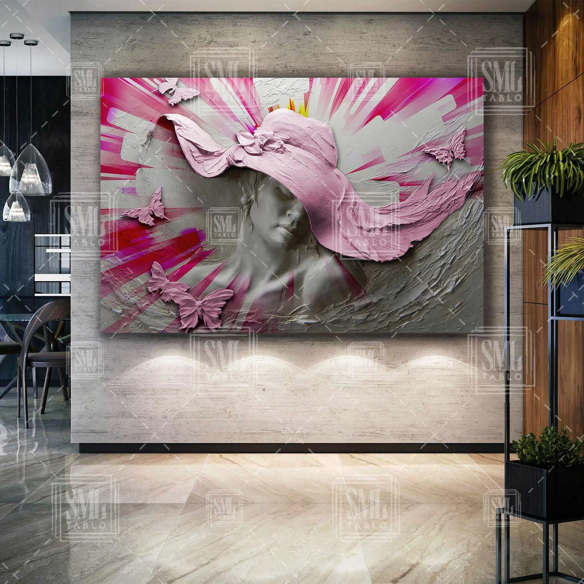 Pembe Şapkalı Mermer Kadın Dekor Modern Sanat Yatay Kanvas Tablo