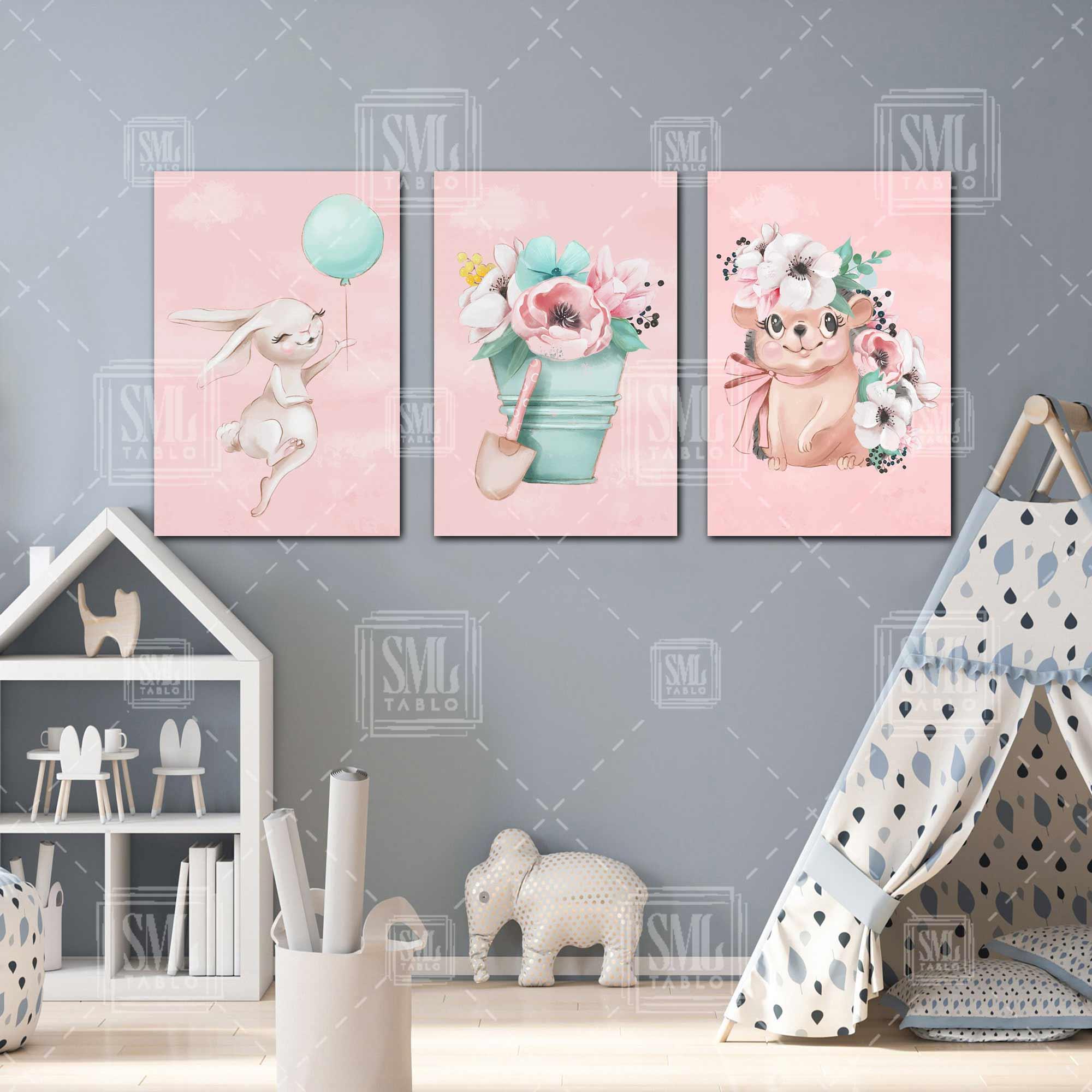 Pembe Tavşan Çiçek Tokalı Kirpi Yavrusu Çiçekler Balon Çocuk Odası Üçlü Kombin 3 lü Set Kanvas Tablo Pembe Tavşan Çiçek Tokalı Kirpi Yavrusu Çiçekler Balon Çocuk Odası Üçlü Kombin 3 lü Set Kanvas Tablo