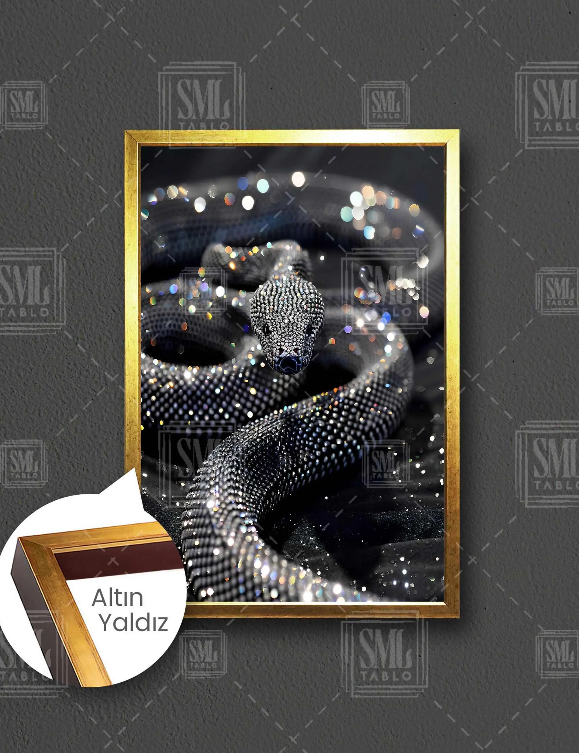 Pırlanta Derili Yılan Pırıltılı Siyah Piton Elmas Black Diamond Snake Çerçeveli Dikey Kanvas Tablo